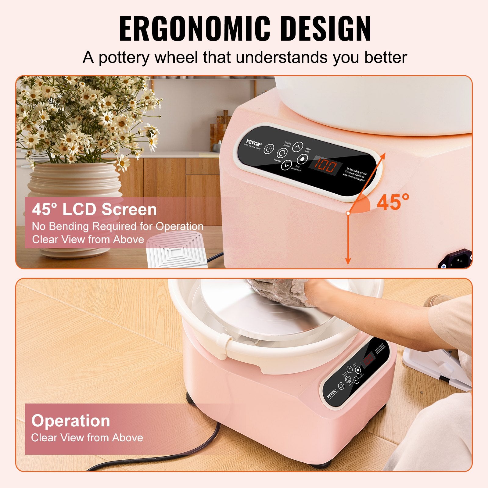 Kitchen Utensils: VEVOR Pottery Wheel, 11 inch Pottery Forming Machine, 450W Electric Wheel for Pottery with Foot Pedal and LCD Touch Screen, Direct Drive Ceramic Wheel with Shaping Tools for DIY Art Craft, Pink