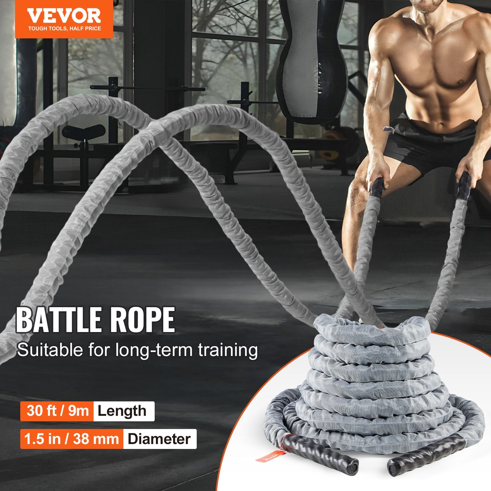 Gym Equipment & Accessories: VEVOR Battle Rope 1.5" 30Ft Gym Workout Strength Training Exercise Fitness Rope