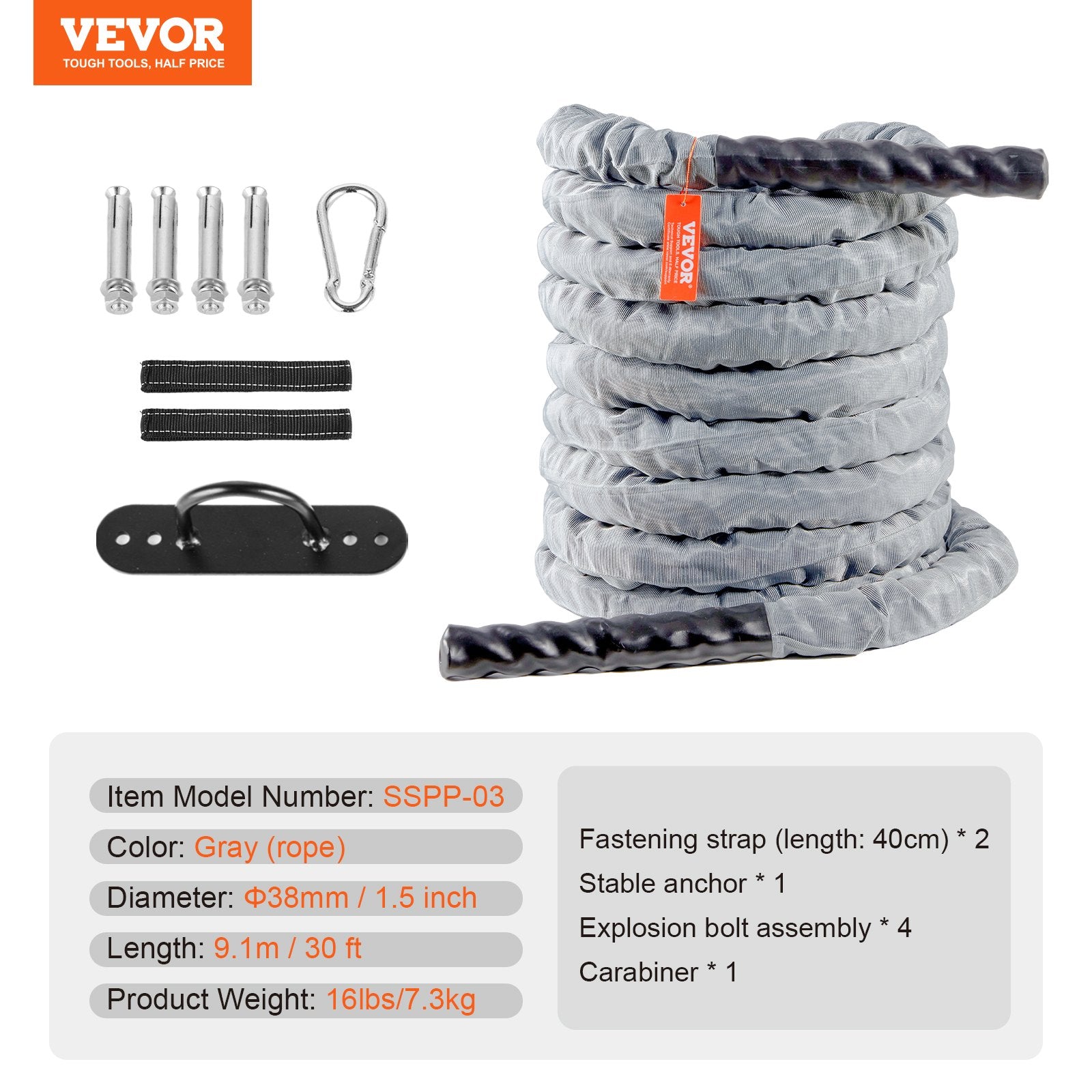 Gym Equipment & Accessories: VEVOR Battle Rope 1.5" 30Ft Gym Workout Strength Training Exercise Fitness Rope
