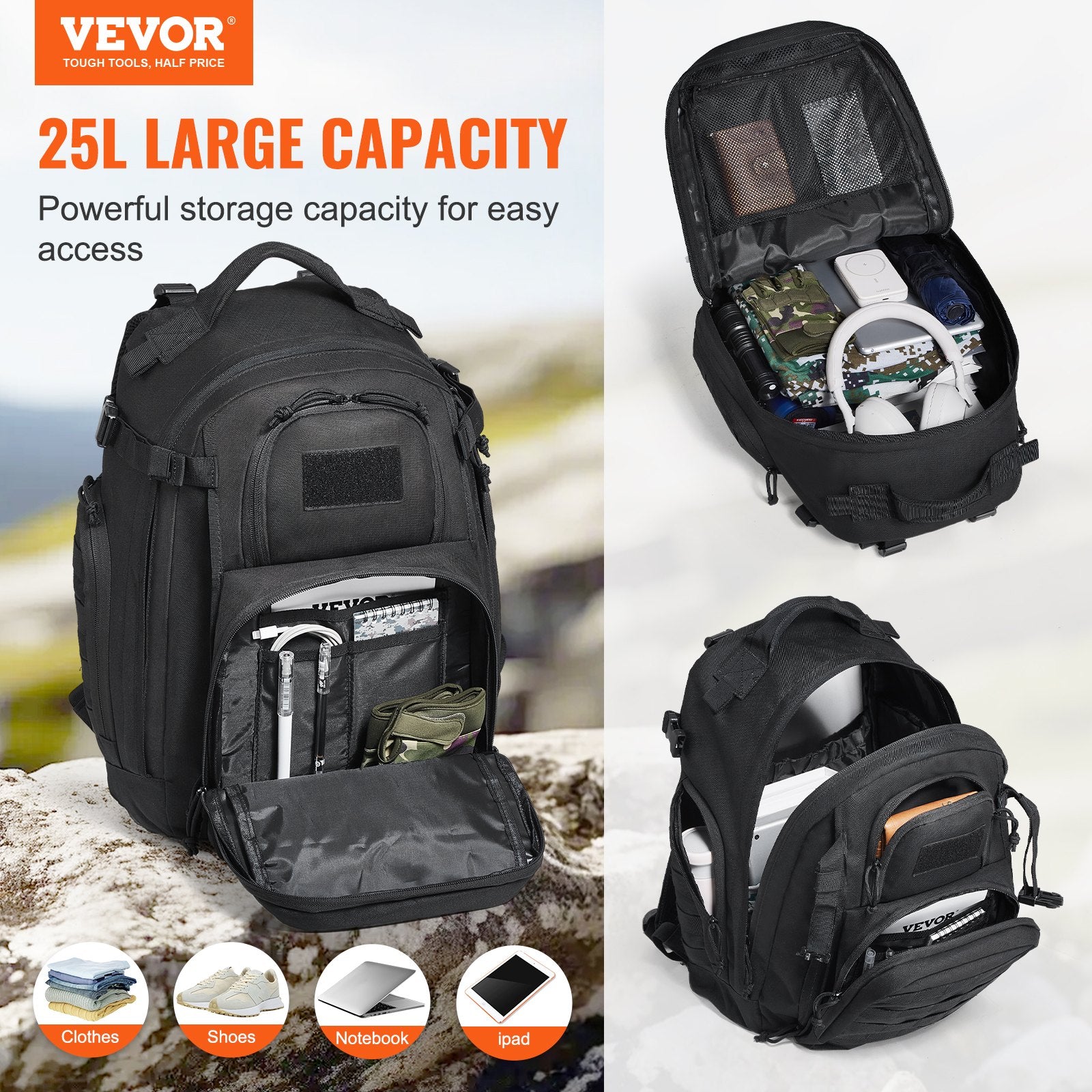 Camp Safety Equipment: VEVOR Tactical Backpack 25L Military Backpack with Molle Mode & Sponge Pad Black