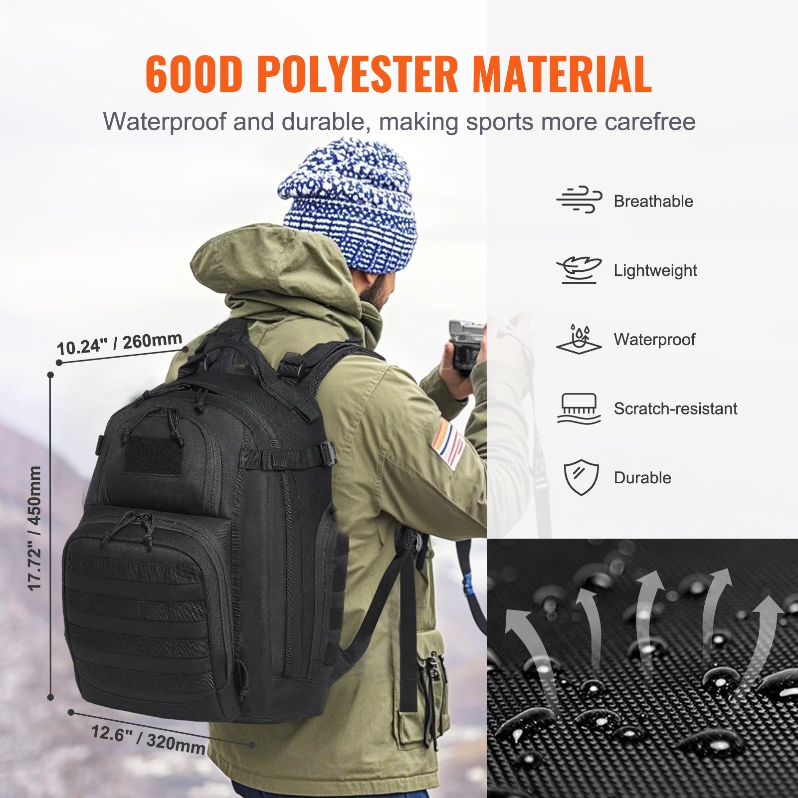 Camp Safety Equipment: VEVOR Tactical Backpack 25L Military Backpack with Molle Mode & Sponge Pad Black