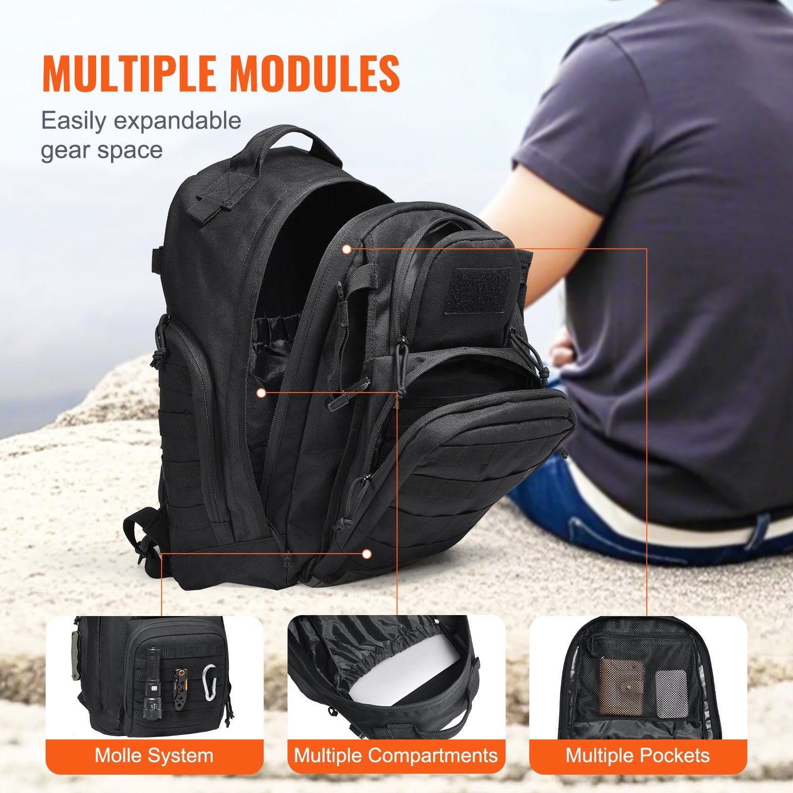 Camp Safety Equipment: VEVOR Tactical Backpack 25L Military Backpack with Molle Mode & Sponge Pad Black