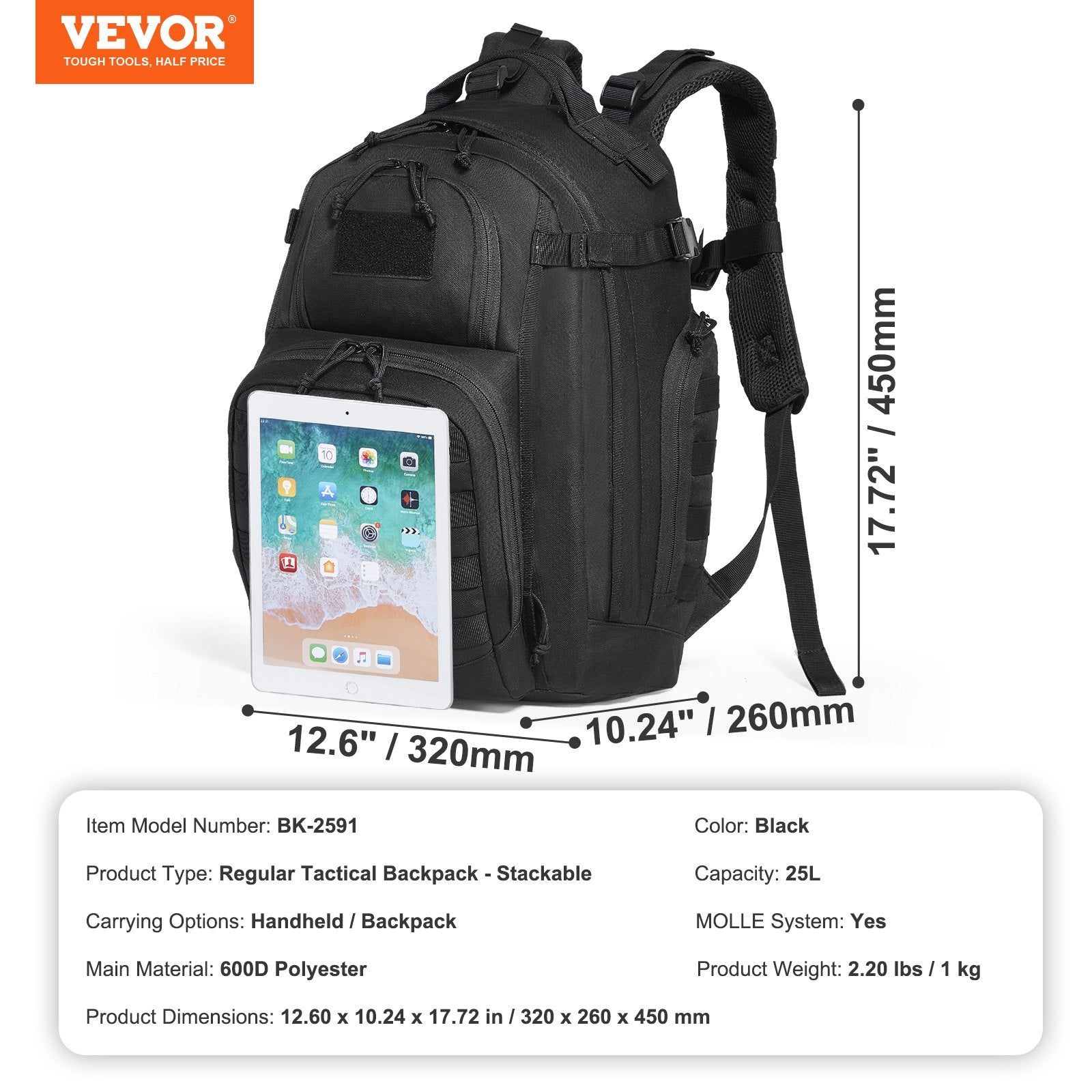 Camp Safety Equipment: VEVOR Tactical Backpack 25L Military Backpack with Molle Mode & Sponge Pad Black