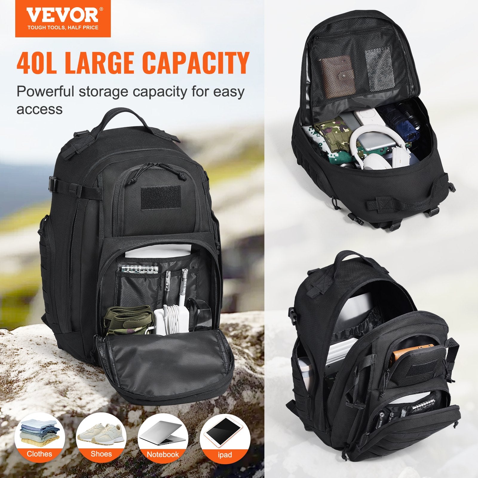 Camp Safety Equipment: VEVOR Tactical Backpack 40L Military Backpack with Molle Mode & Sponge Pad Black