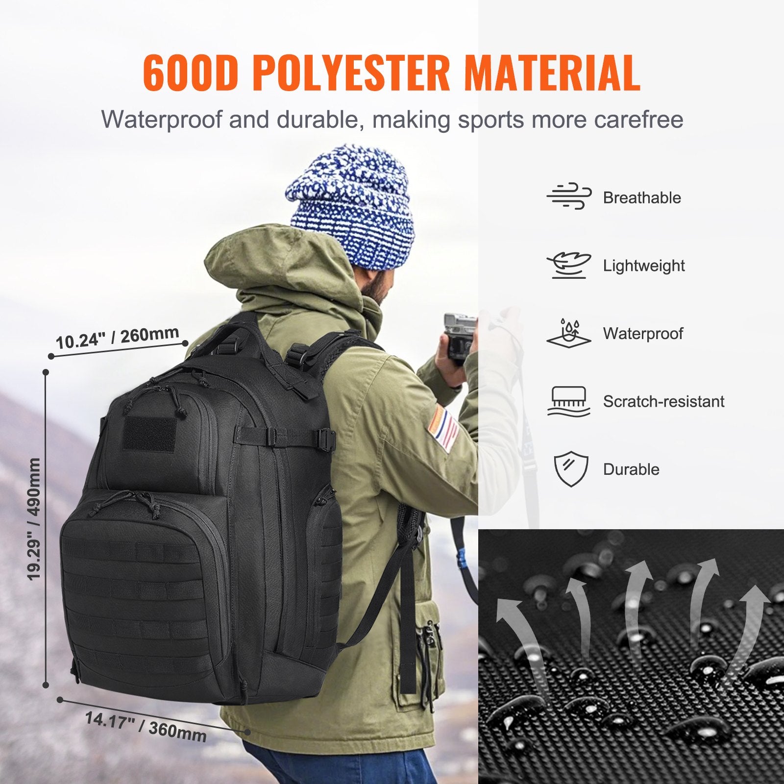 Camp Safety Equipment: VEVOR Tactical Backpack 40L Military Backpack with Molle Mode & Sponge Pad Black