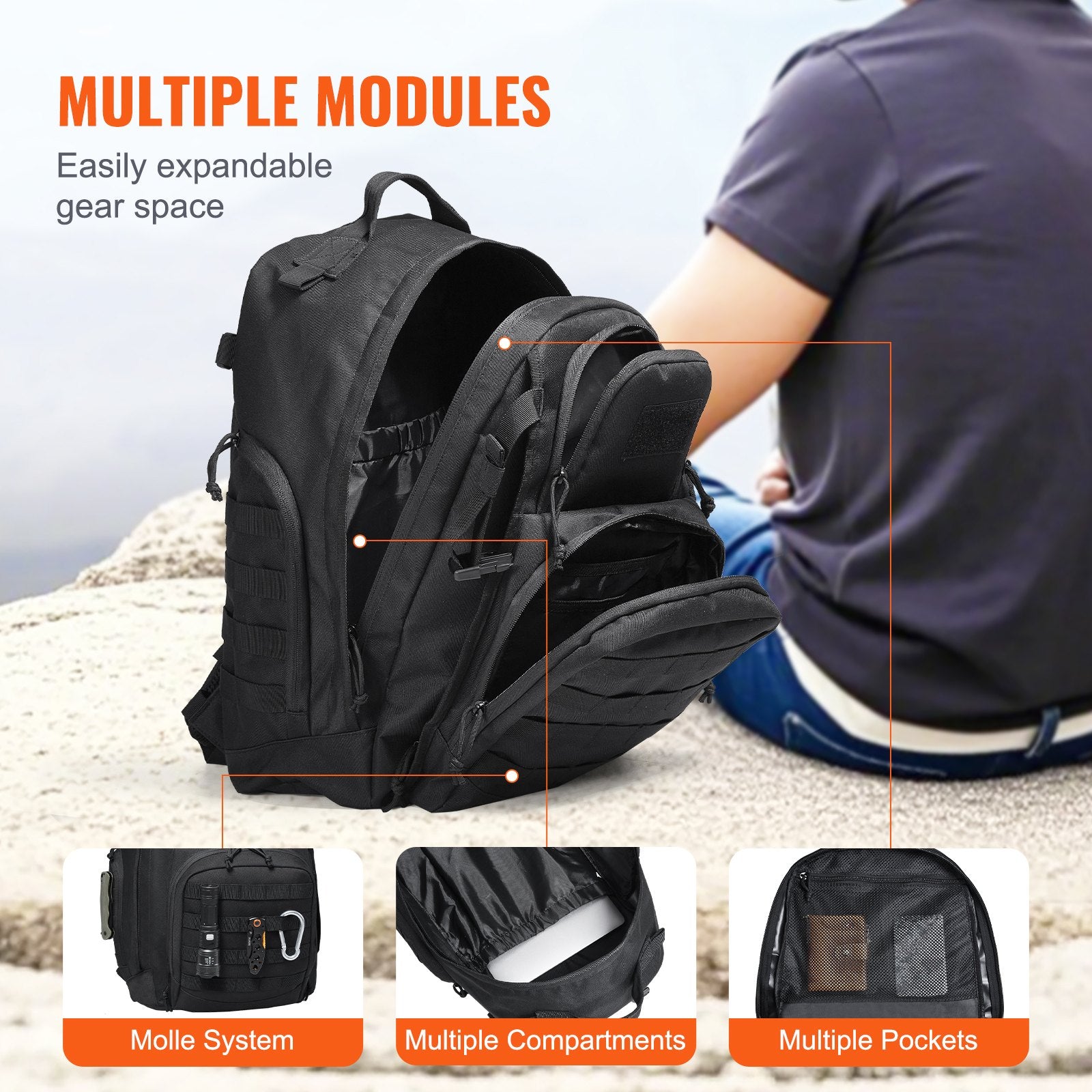 Camp Safety Equipment: VEVOR Tactical Backpack 40L Military Backpack with Molle Mode & Sponge Pad Black