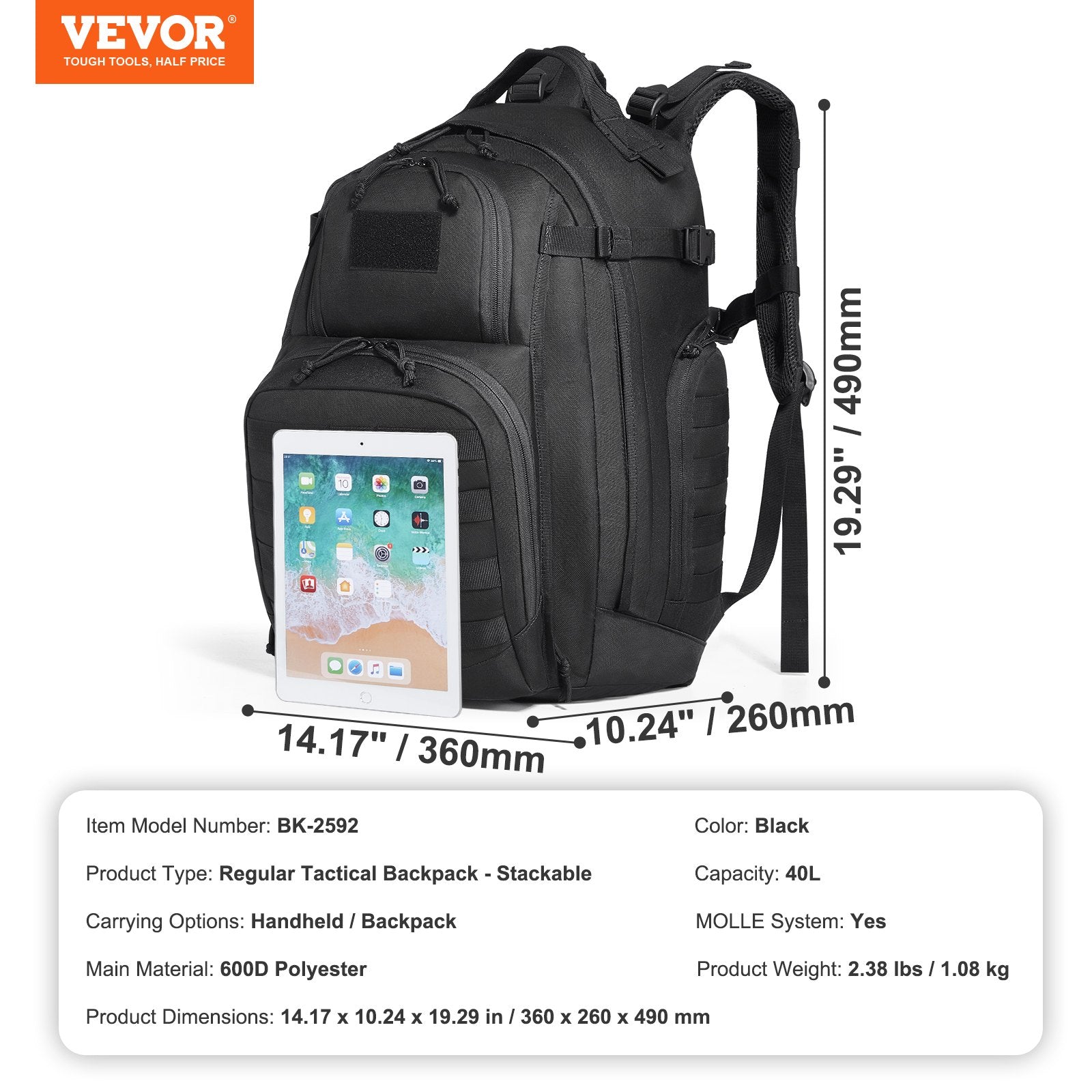 Camp Safety Equipment: VEVOR Tactical Backpack 40L Military Backpack with Molle Mode & Sponge Pad Black