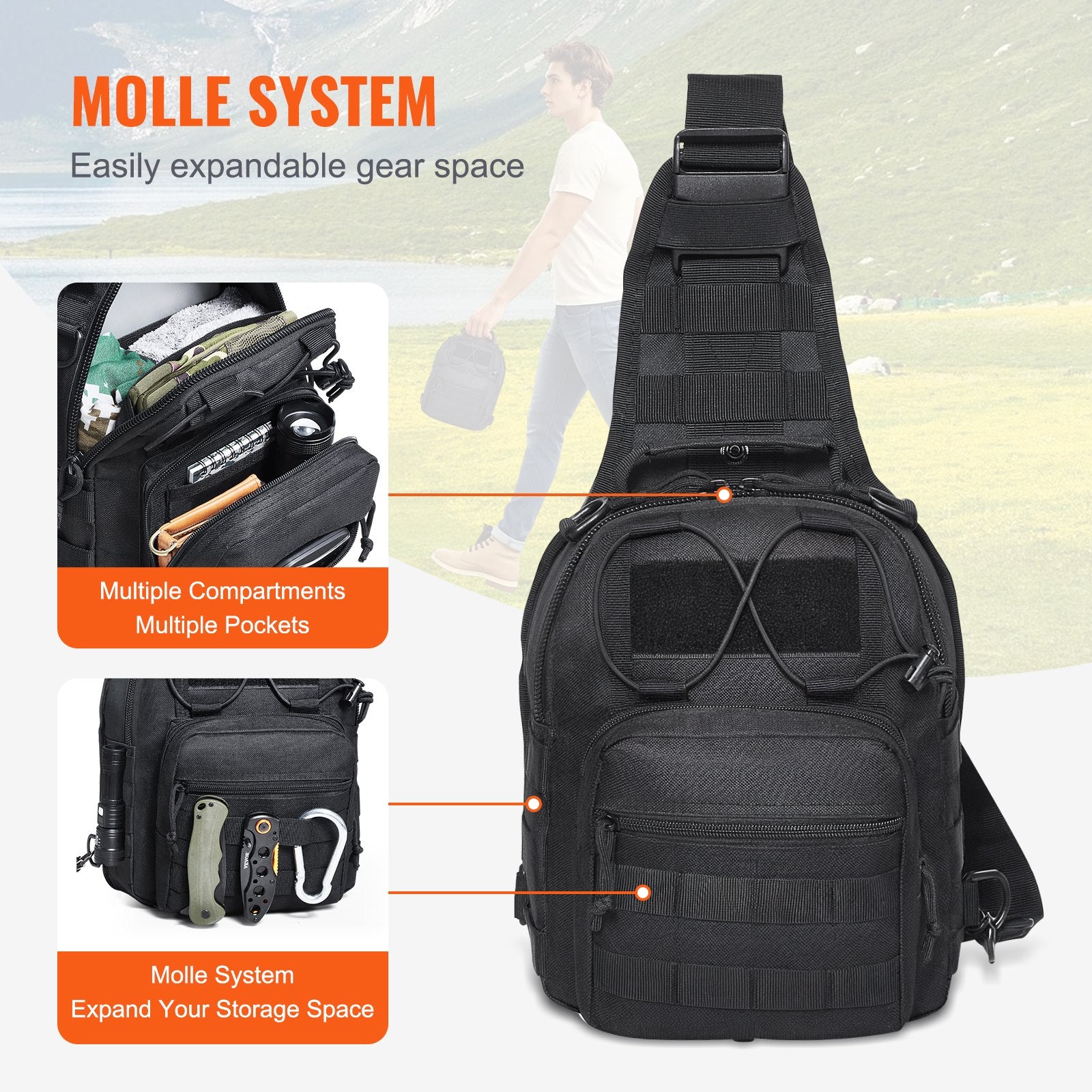 Suitcases: VEVOR Tactical Sling Bag 10L Military Rover Shoulder Sling Backpack Black