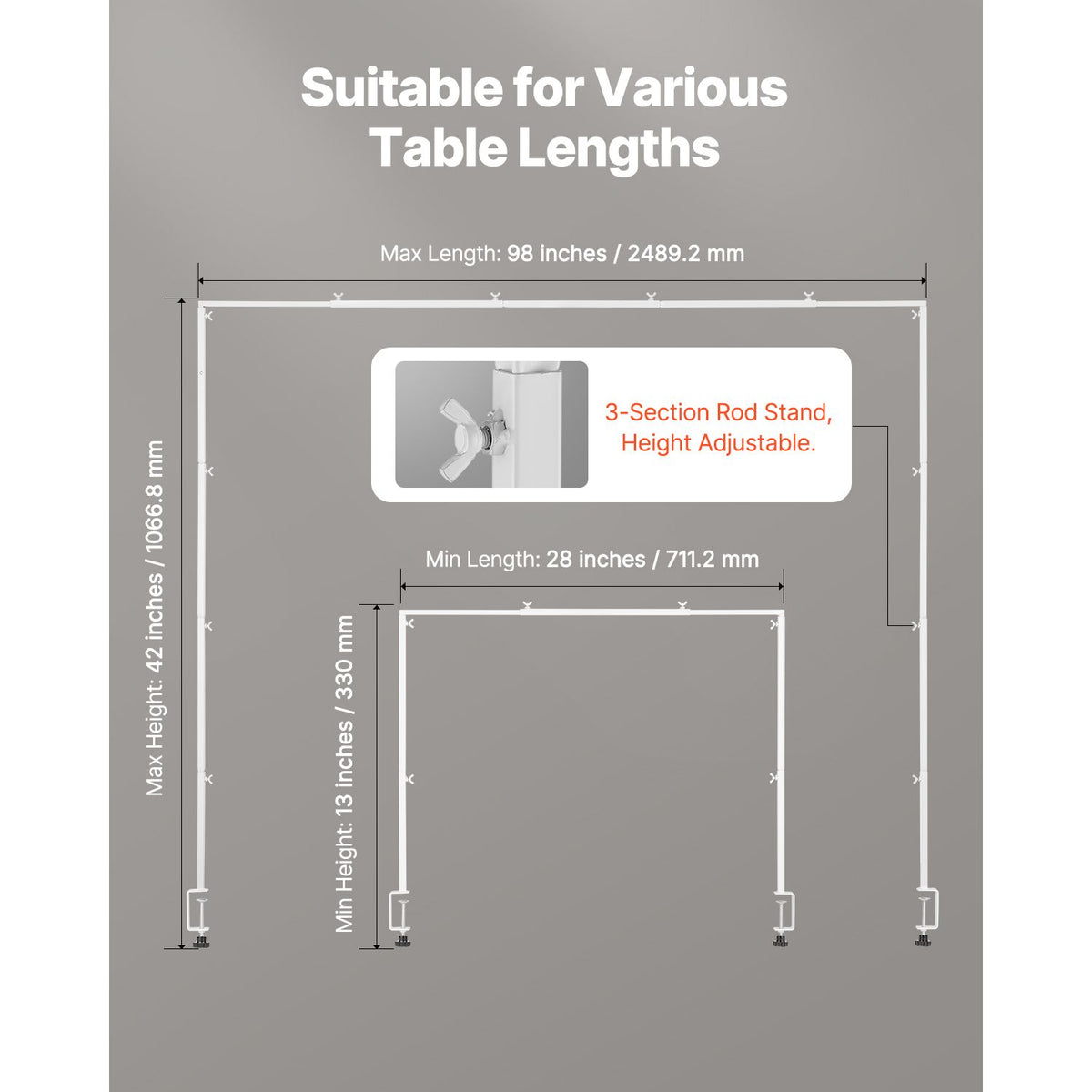 Over The Table Rod Stand with Clamps, 13"-42'' Tall & 28"-98" Length Adjustable, Metal Table Arch Stand, Tabletop Balloon Arch Frame for Wedding Birthday Party Christmas Decorations, White