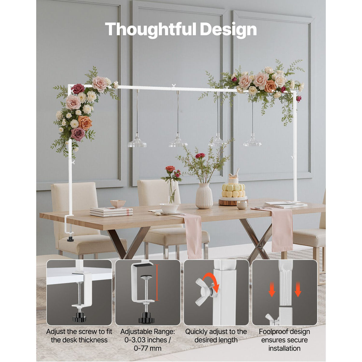 Over The Table Rod Stand with Clamps, 13"-42'' Tall & 28"-98" Length Adjustable, Metal Table Arch Stand, Tabletop Balloon Arch Frame for Wedding Birthday Party Christmas Decorations, White