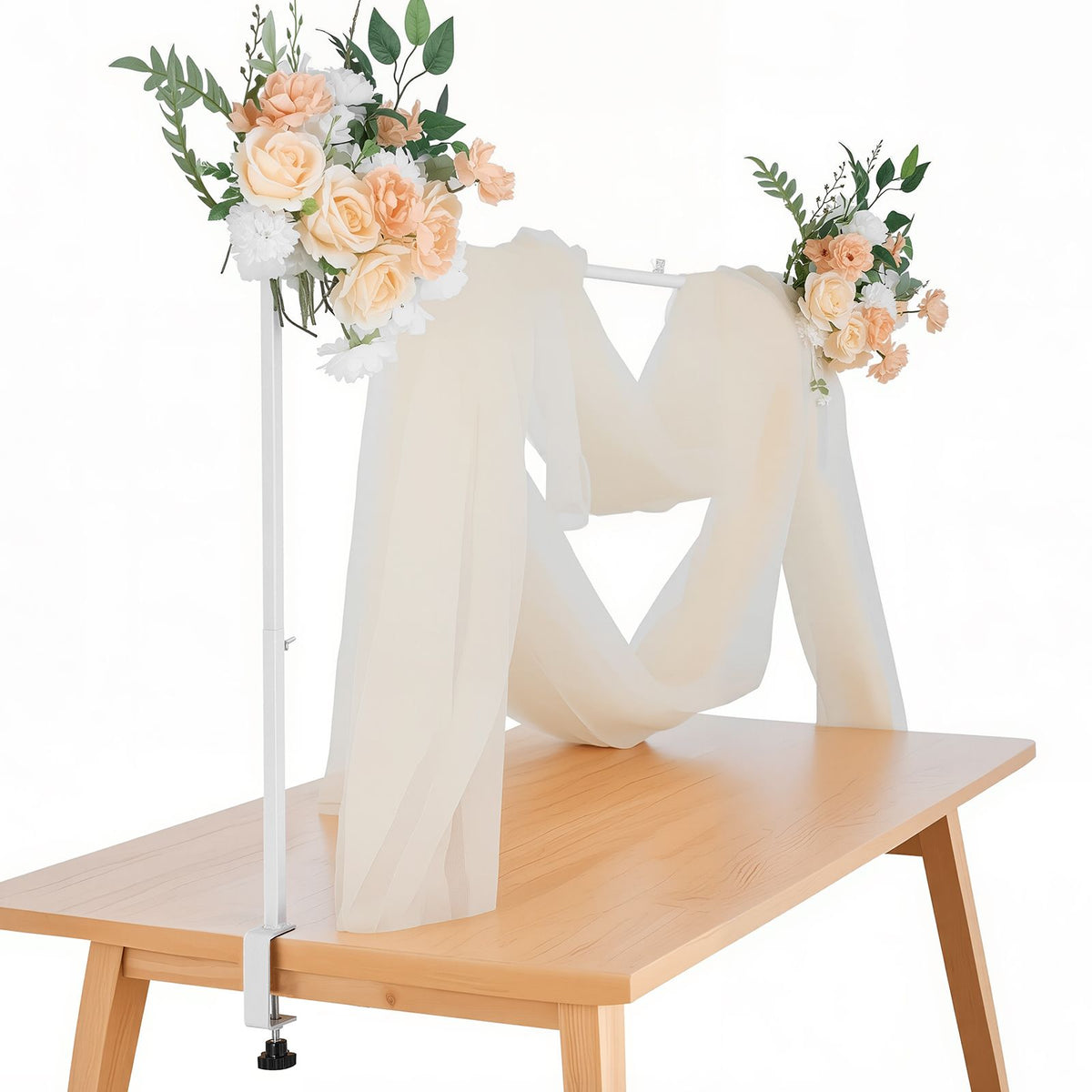 Over The Table Rod Stand with Clamps, 13"-42'' Tall & 28"-98" Length Adjustable, Metal Table Arch Stand, Tabletop Balloon Arch Frame for Wedding Birthday Party Christmas Decorations, White