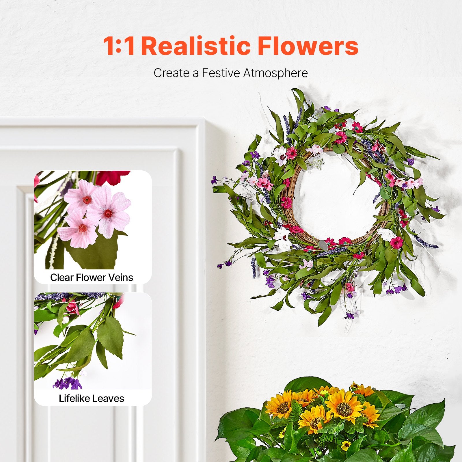 Christmas Wreaths & Garlands: VEVOR Artificial Decorative Wreath 55.88 cm Pink Green with Daisies Year Round
