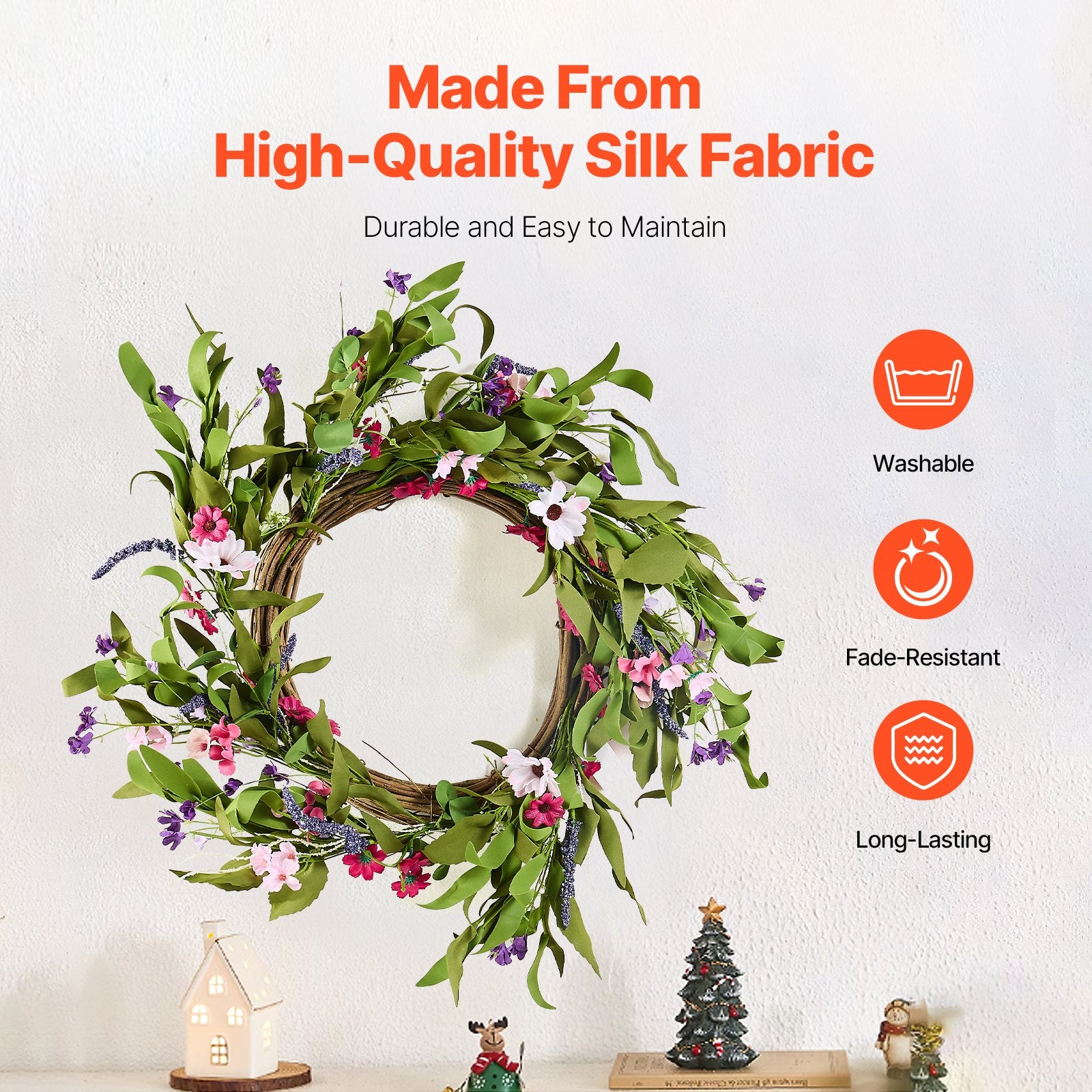 Christmas Wreaths & Garlands: VEVOR Artificial Decorative Wreath 55.88 cm Pink Green with Daisies Year Round