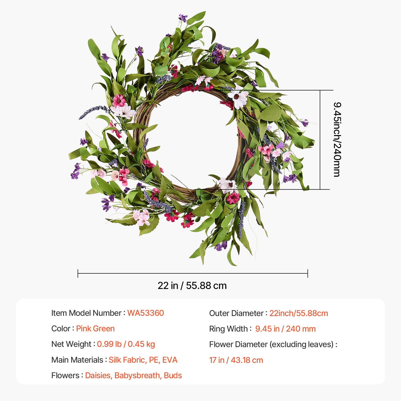 Christmas Wreaths & Garlands: VEVOR Artificial Decorative Wreath 55.88 cm Pink Green with Daisies Year Round