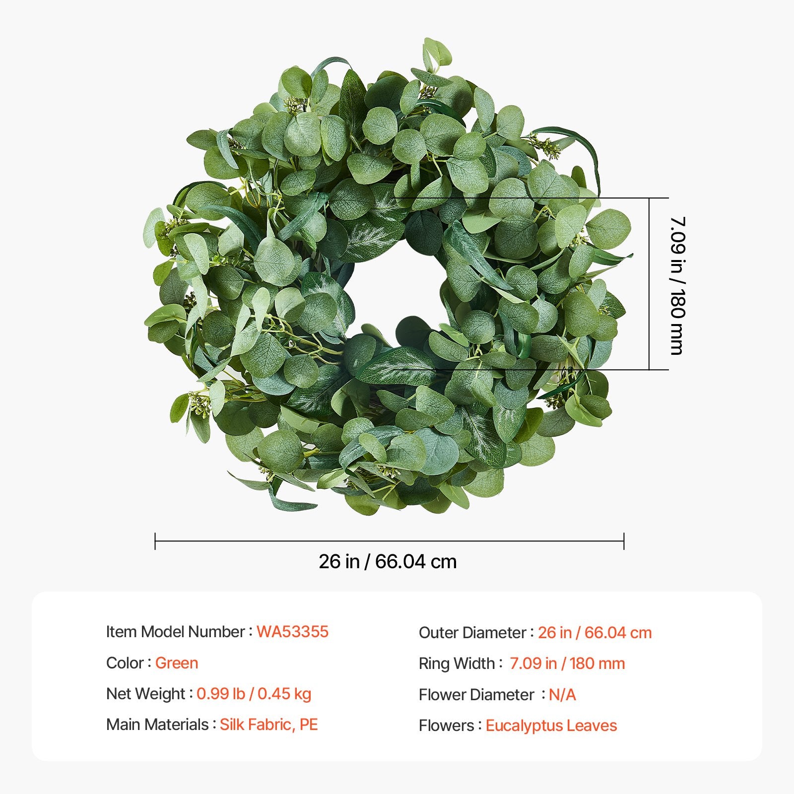 Garden Ornaments: VEVOR Artificial Decorative Wreath 66.04 cm Green Eucalyptus Leaves Year Round