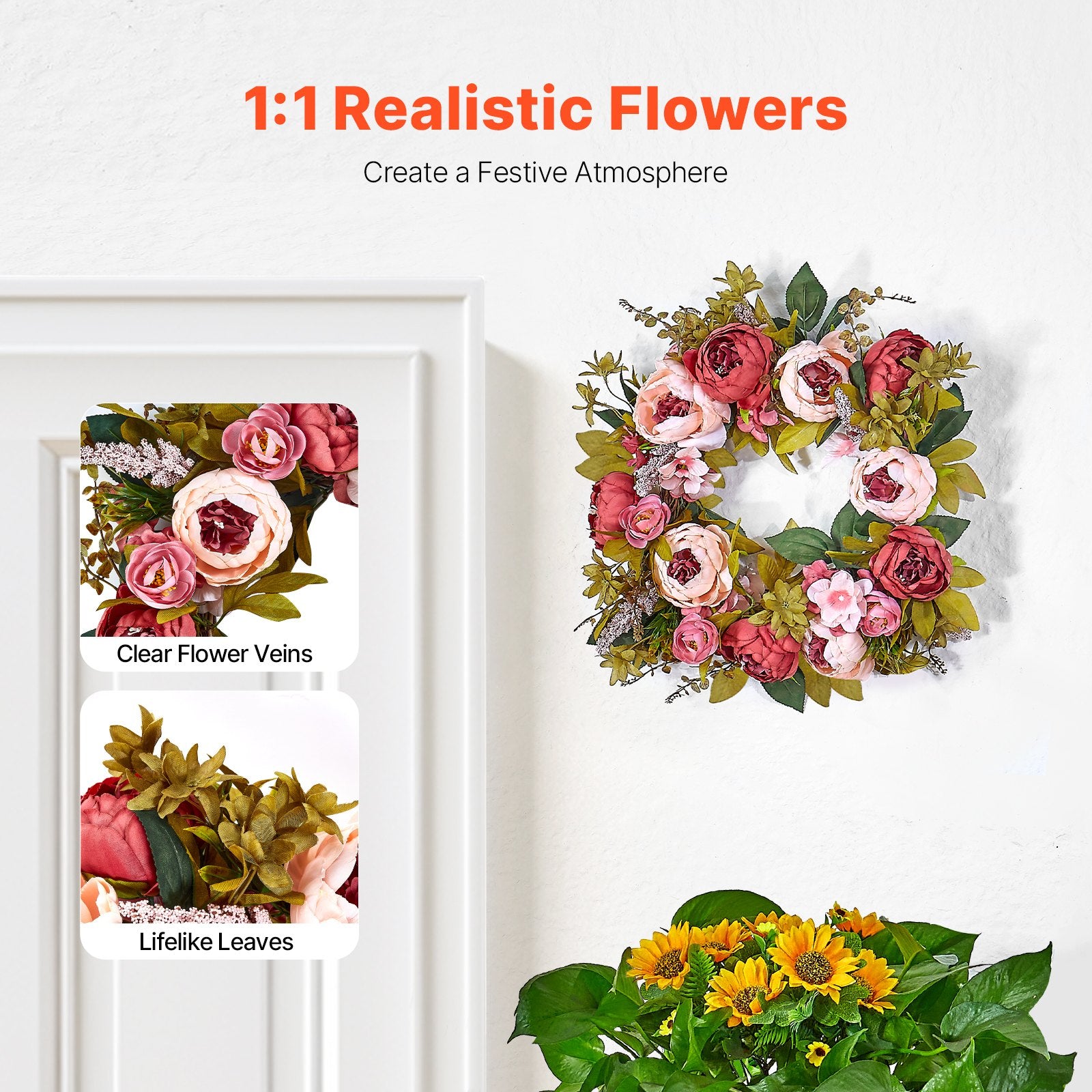 Garden Ornaments: VEVOR Artificial Decorative Wreath 48.26 cm Pink Peonies Hydrangeas Year Round