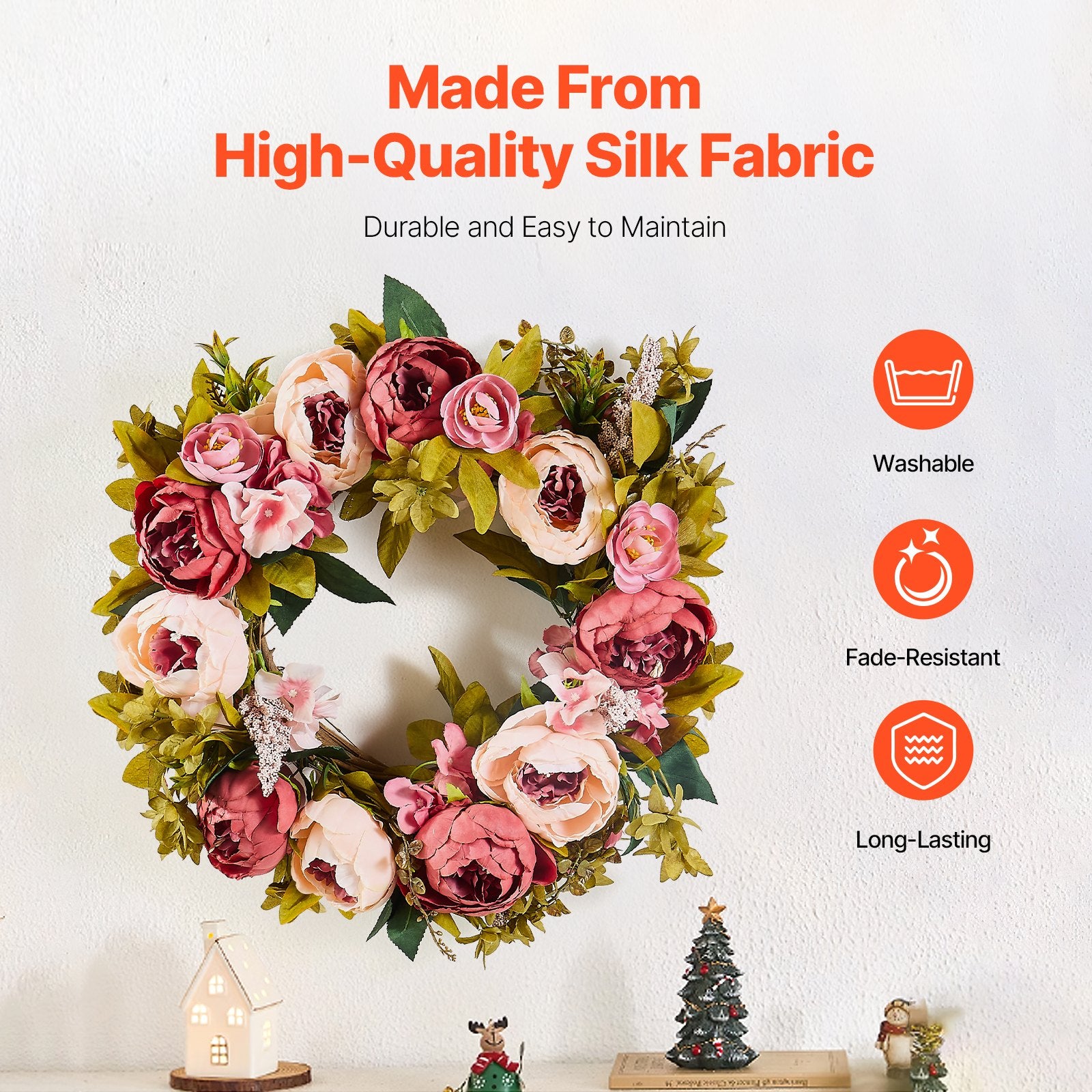 Garden Ornaments: VEVOR Artificial Decorative Wreath 48.26 cm Pink Peonies Hydrangeas Year Round