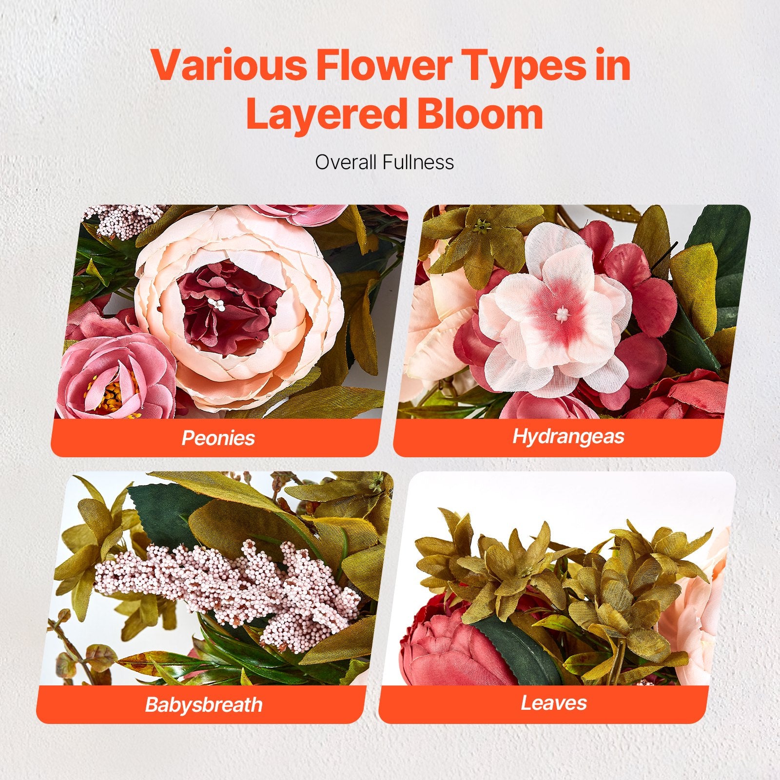 Garden Ornaments: VEVOR Artificial Decorative Wreath 48.26 cm Pink Peonies Hydrangeas Year Round