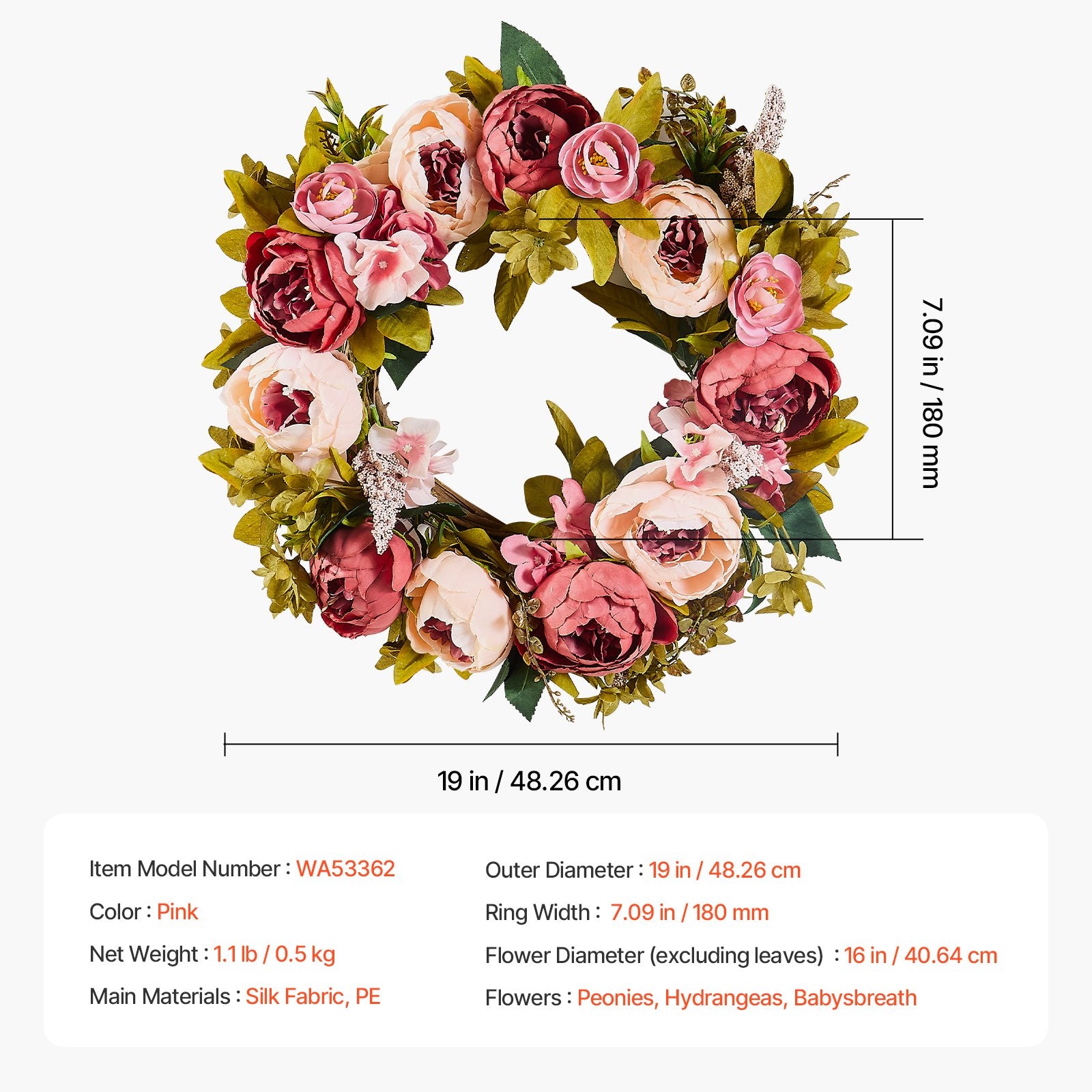 Garden Ornaments: VEVOR Artificial Decorative Wreath 48.26 cm Pink Peonies Hydrangeas Year Round