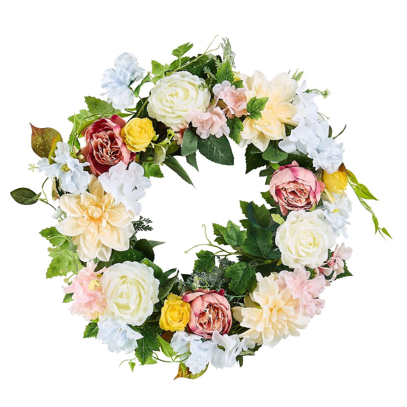 Garden Ornaments: VEVOR Artificial Decorative Wreath 60.96 cm White Pink Yellow Peonies Hydrangeas