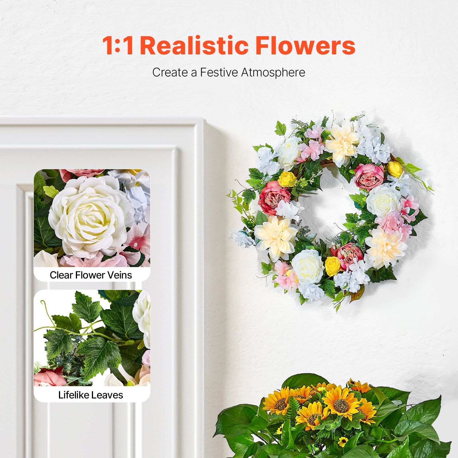 Garden Ornaments: VEVOR Artificial Decorative Wreath 60.96 cm White Pink Yellow Peonies Hydrangeas