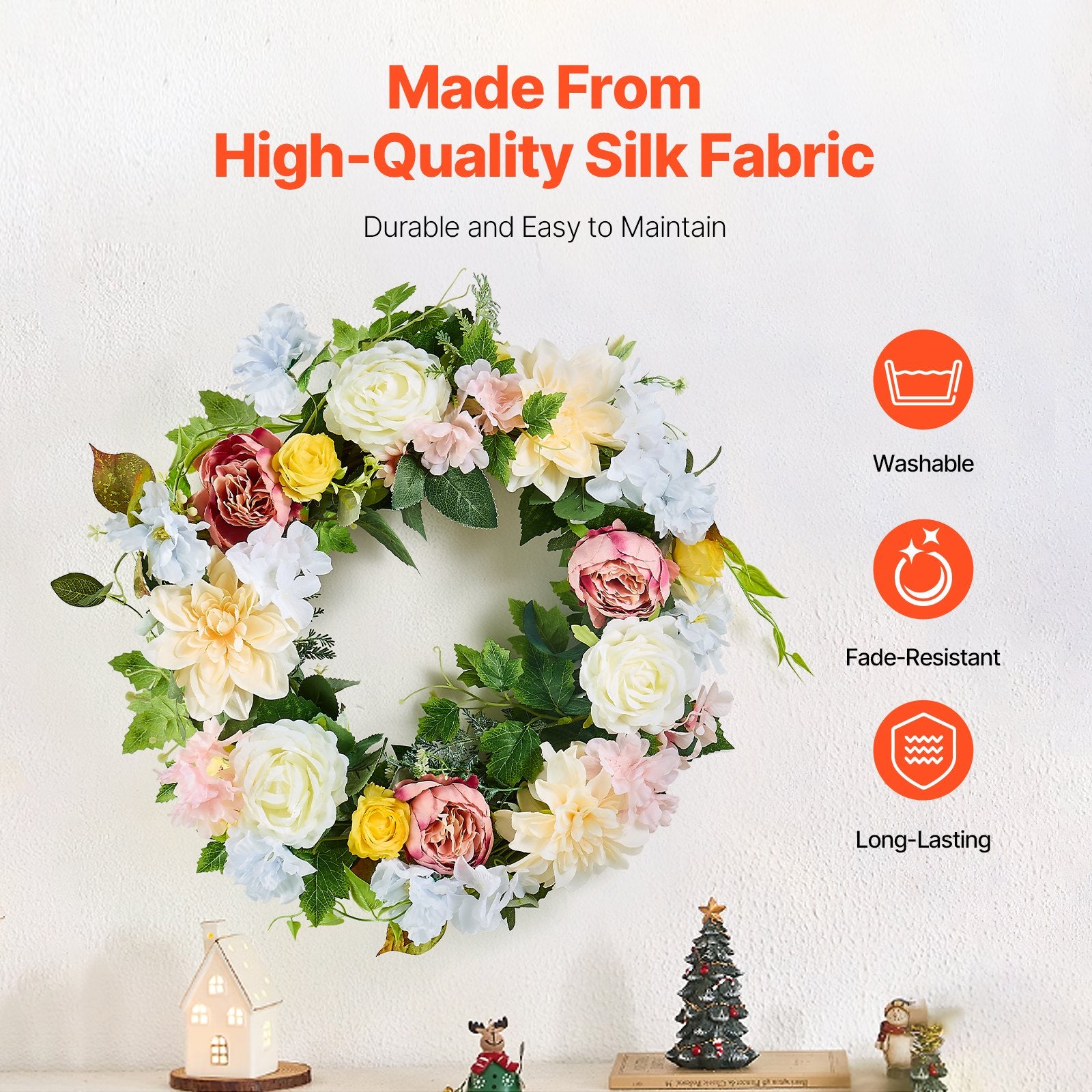 Garden Ornaments: VEVOR Artificial Decorative Wreath 60.96 cm White Pink Yellow Peonies Hydrangeas