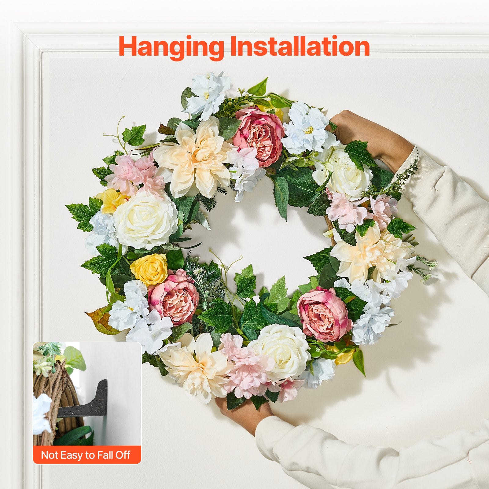 Garden Ornaments: VEVOR Artificial Decorative Wreath 60.96 cm White Pink Yellow Peonies Hydrangeas