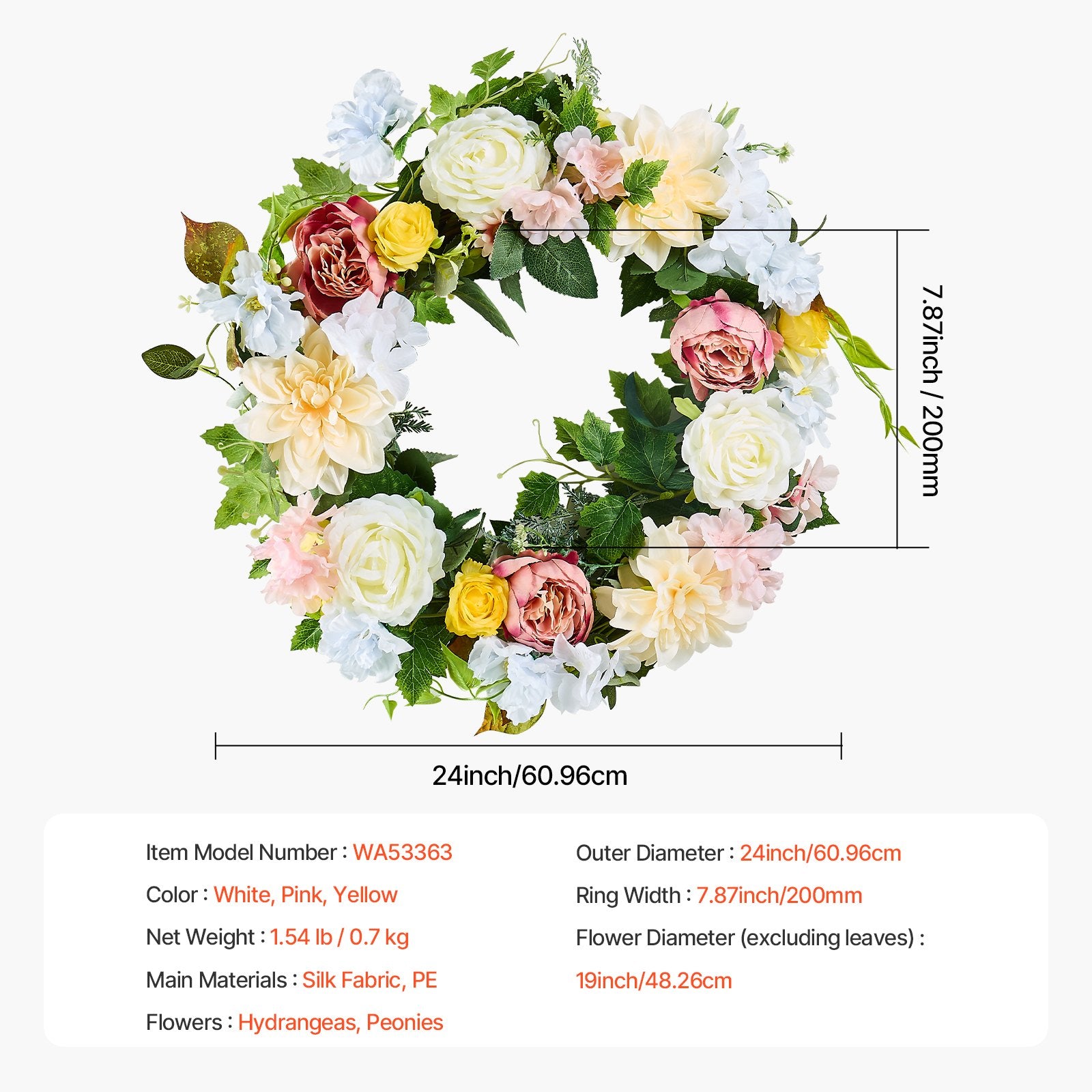 Garden Ornaments: VEVOR Artificial Decorative Wreath 60.96 cm White Pink Yellow Peonies Hydrangeas