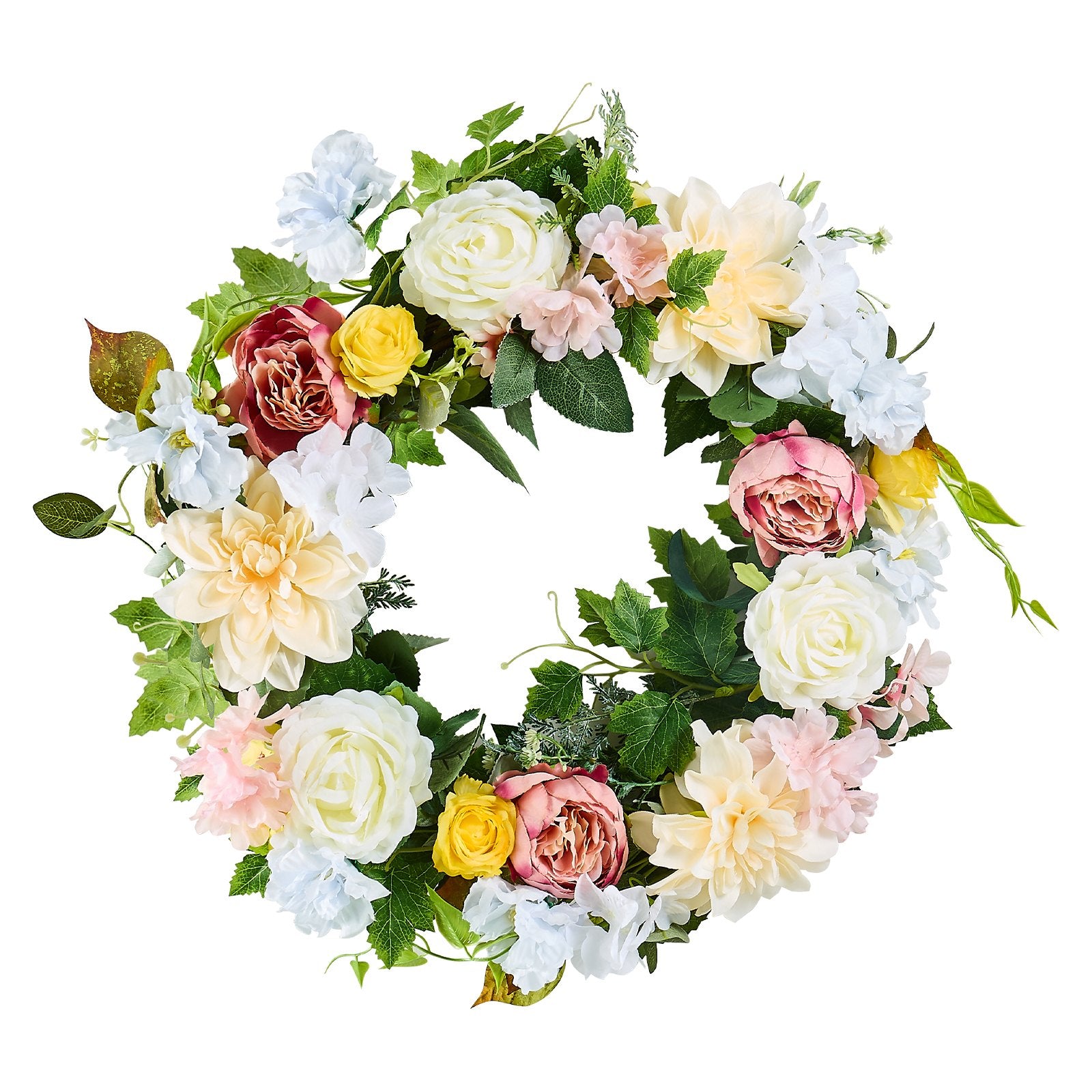 Garden Ornaments: VEVOR Artificial Decorative Wreath 60.96 cm White Pink Yellow Peonies Hydrangeas