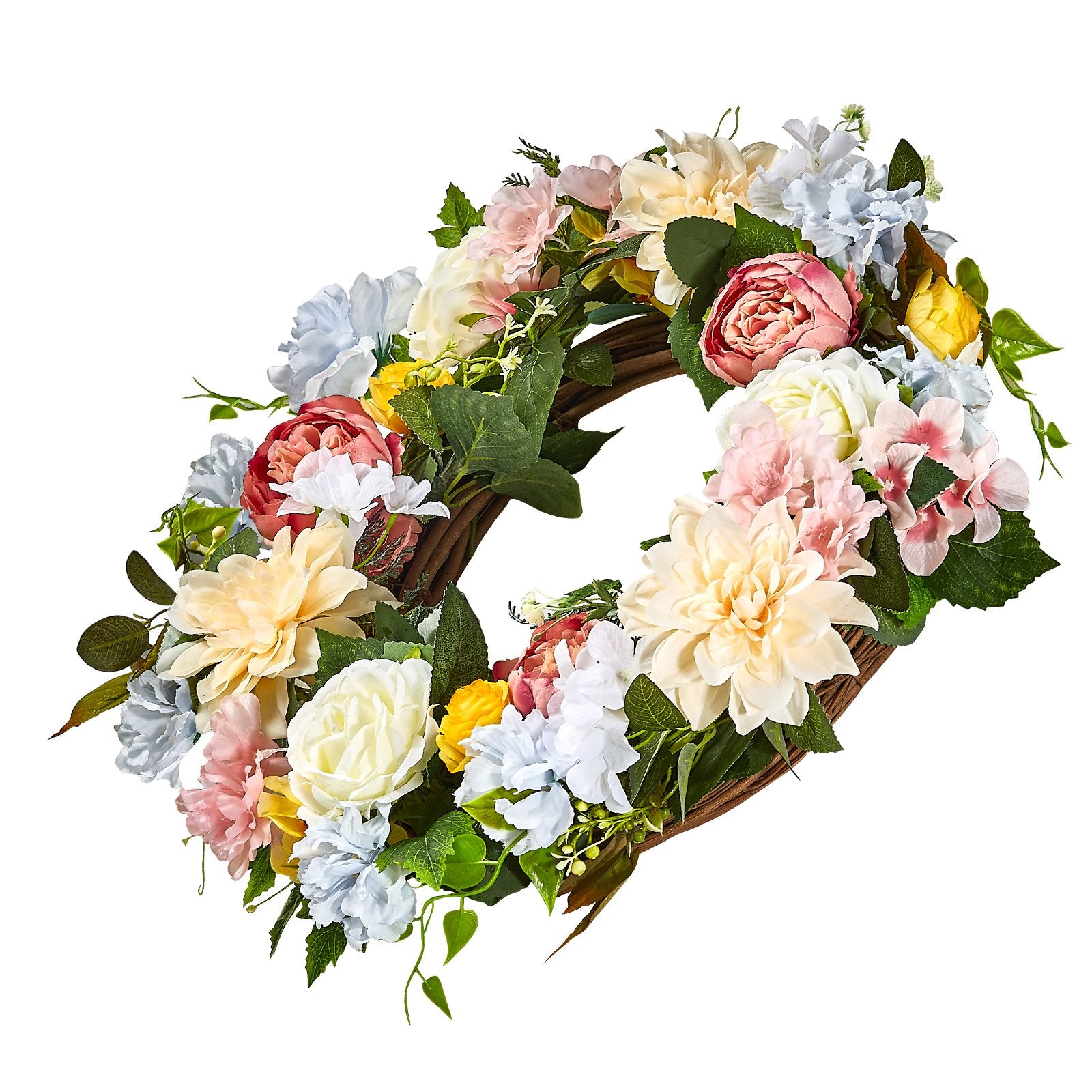 Garden Ornaments: VEVOR Artificial Decorative Wreath 60.96 cm White Pink Yellow Peonies Hydrangeas