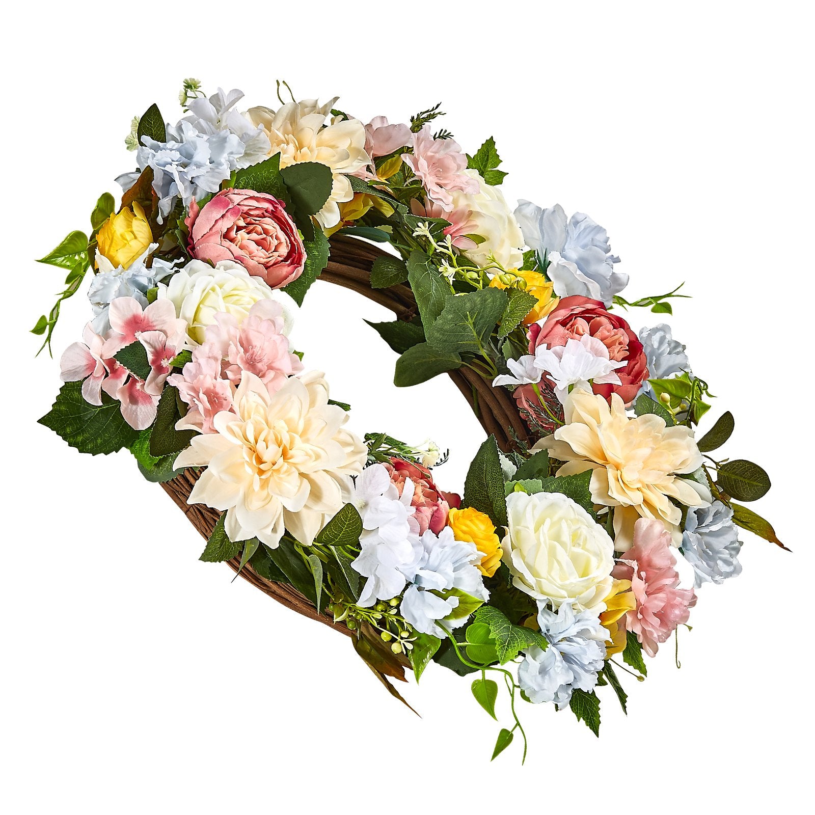 Garden Ornaments: VEVOR Artificial Decorative Wreath 60.96 cm White Pink Yellow Peonies Hydrangeas