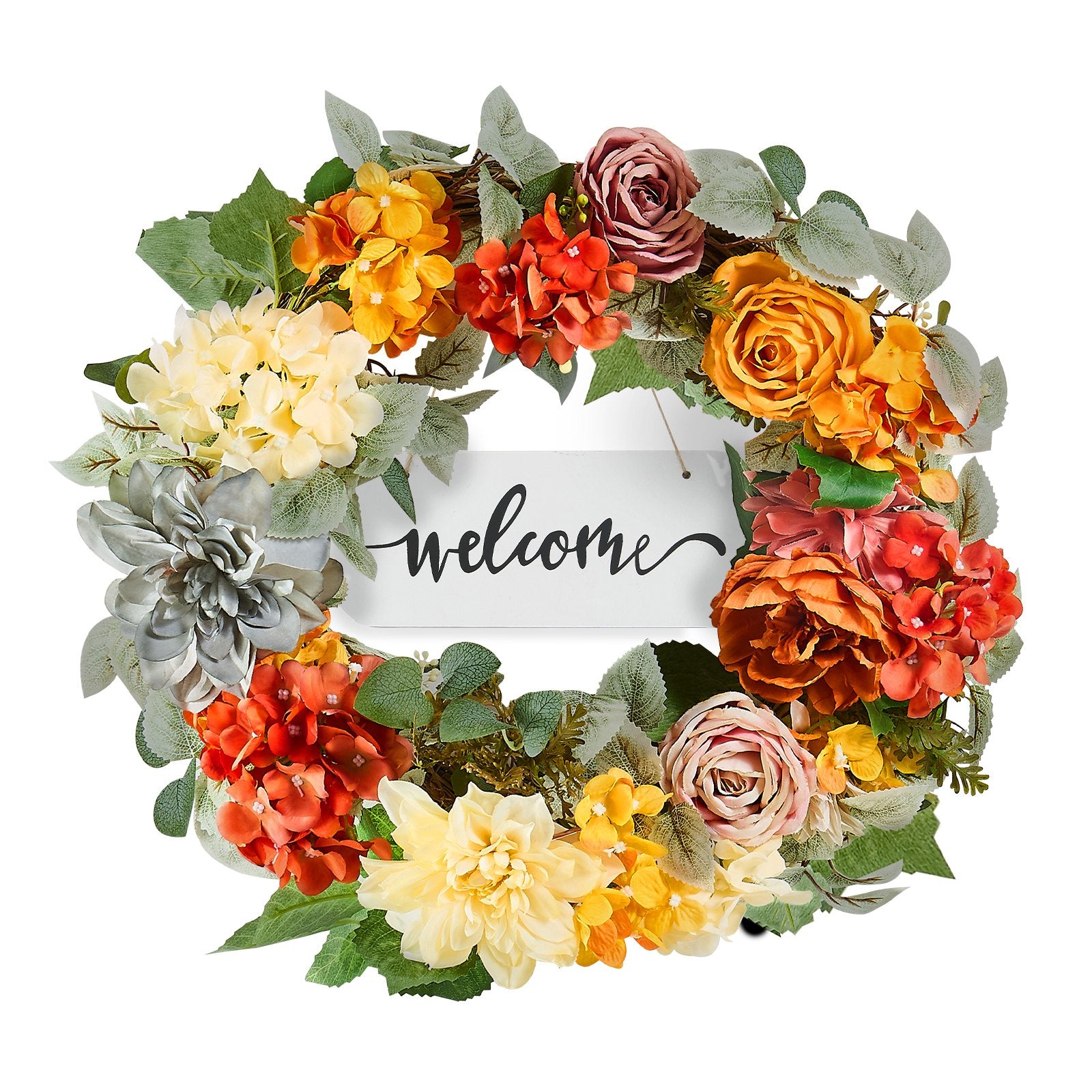 Garden Ornaments: VEVOR Artificial Decorative Wreath 60.96 cm Red Orange Yellow Hydrangeas Roses