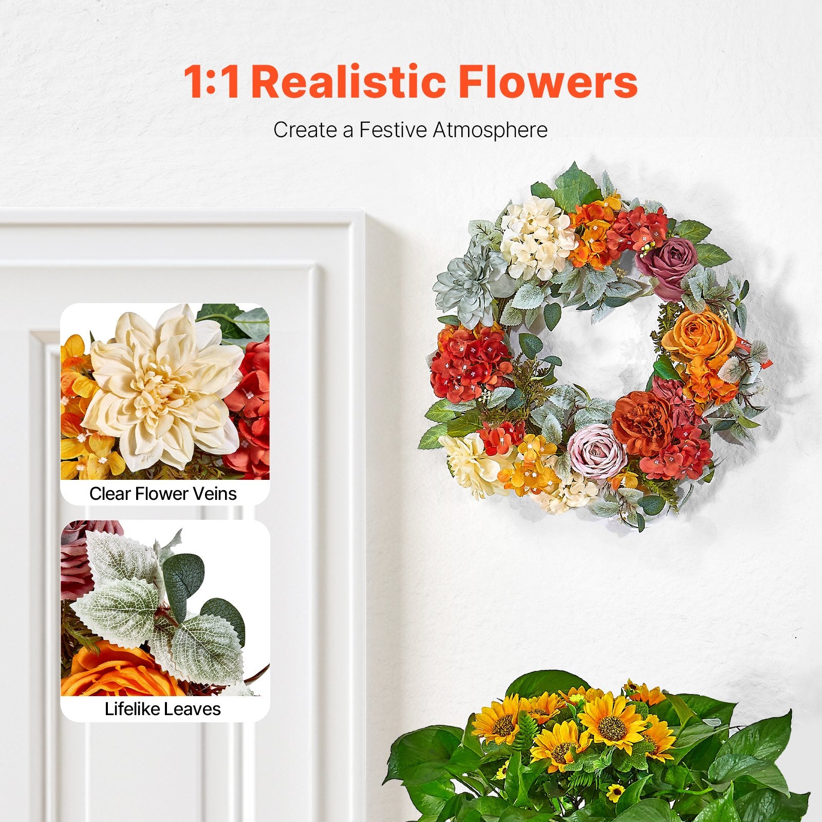 Garden Ornaments: VEVOR Artificial Decorative Wreath 60.96 cm Red Orange Yellow Hydrangeas Roses