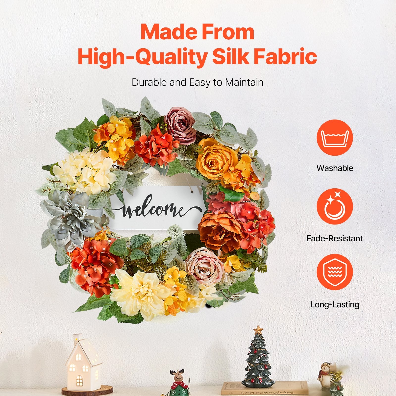 Garden Ornaments: VEVOR Artificial Decorative Wreath 60.96 cm Red Orange Yellow Hydrangeas Roses