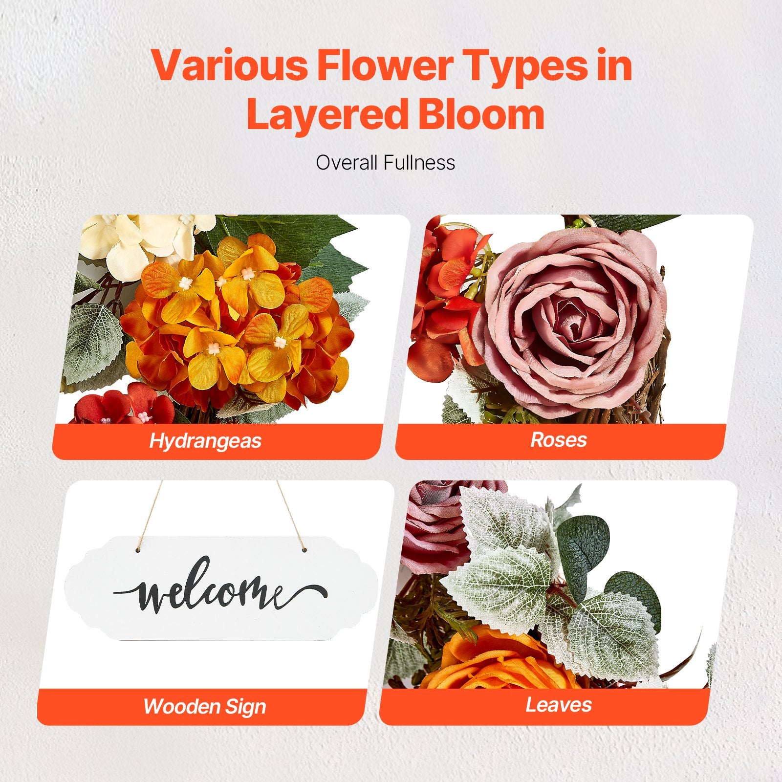 Garden Ornaments: VEVOR Artificial Decorative Wreath 60.96 cm Red Orange Yellow Hydrangeas Roses