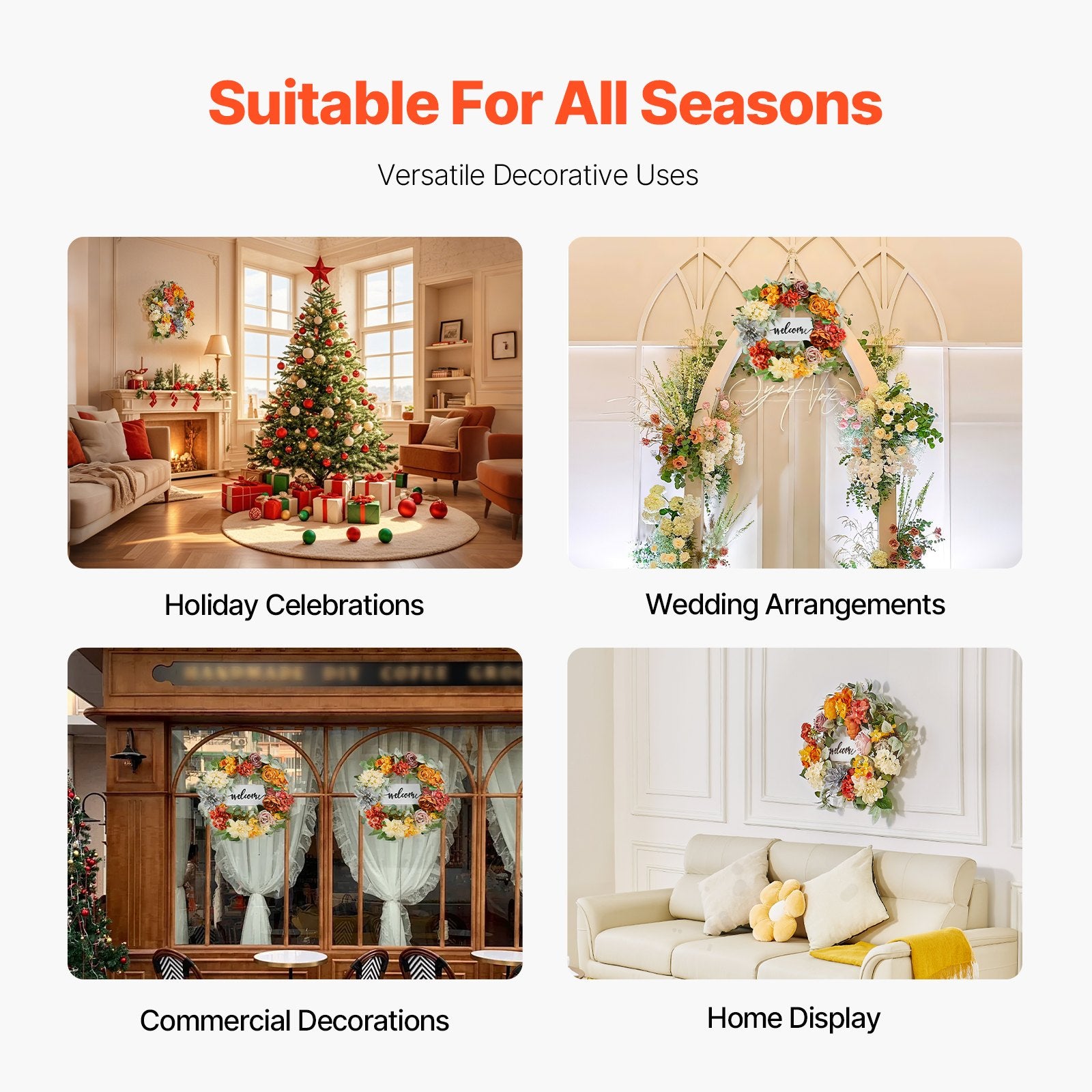 Garden Ornaments: VEVOR Artificial Decorative Wreath 60.96 cm Red Orange Yellow Hydrangeas Roses