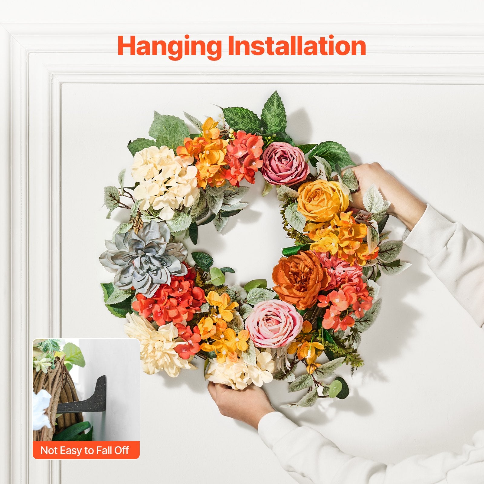 Garden Ornaments: VEVOR Artificial Decorative Wreath 60.96 cm Red Orange Yellow Hydrangeas Roses