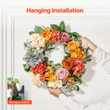 Garden Ornaments: VEVOR Artificial Decorative Wreath 60.96 cm Red Orange Yellow Hydrangeas Roses
