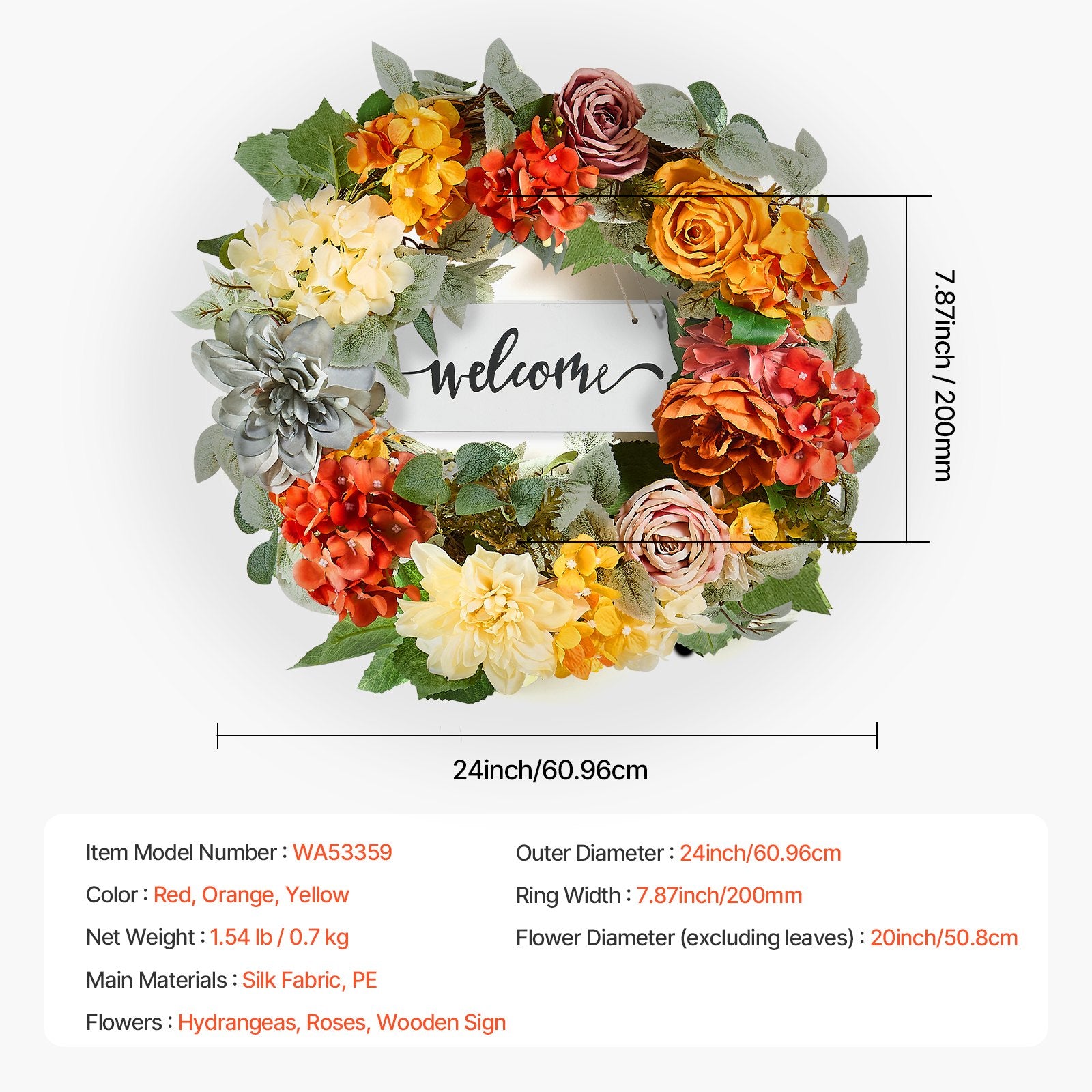 Garden Ornaments: VEVOR Artificial Decorative Wreath 60.96 cm Red Orange Yellow Hydrangeas Roses