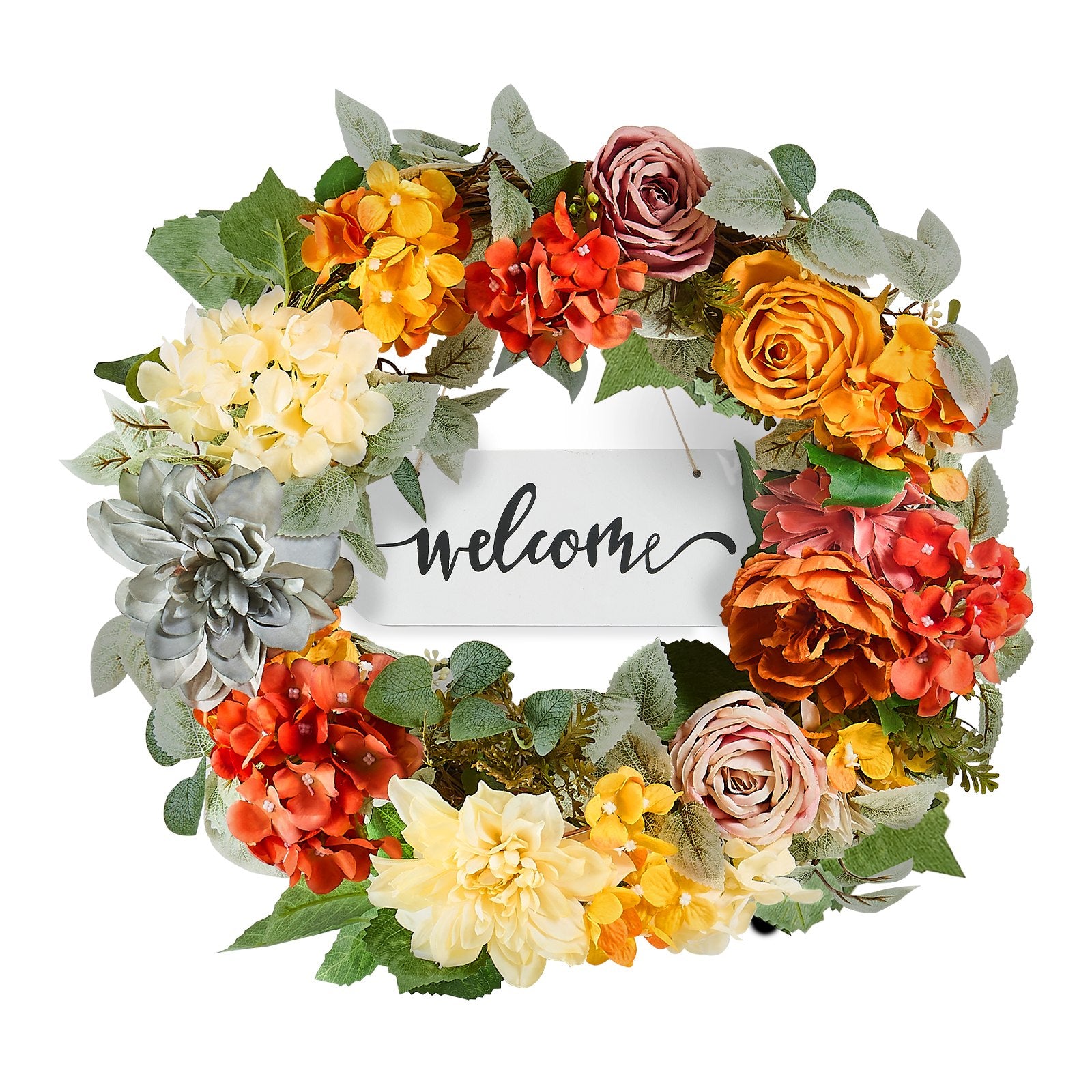 Garden Ornaments: VEVOR Artificial Decorative Wreath 60.96 cm Red Orange Yellow Hydrangeas Roses