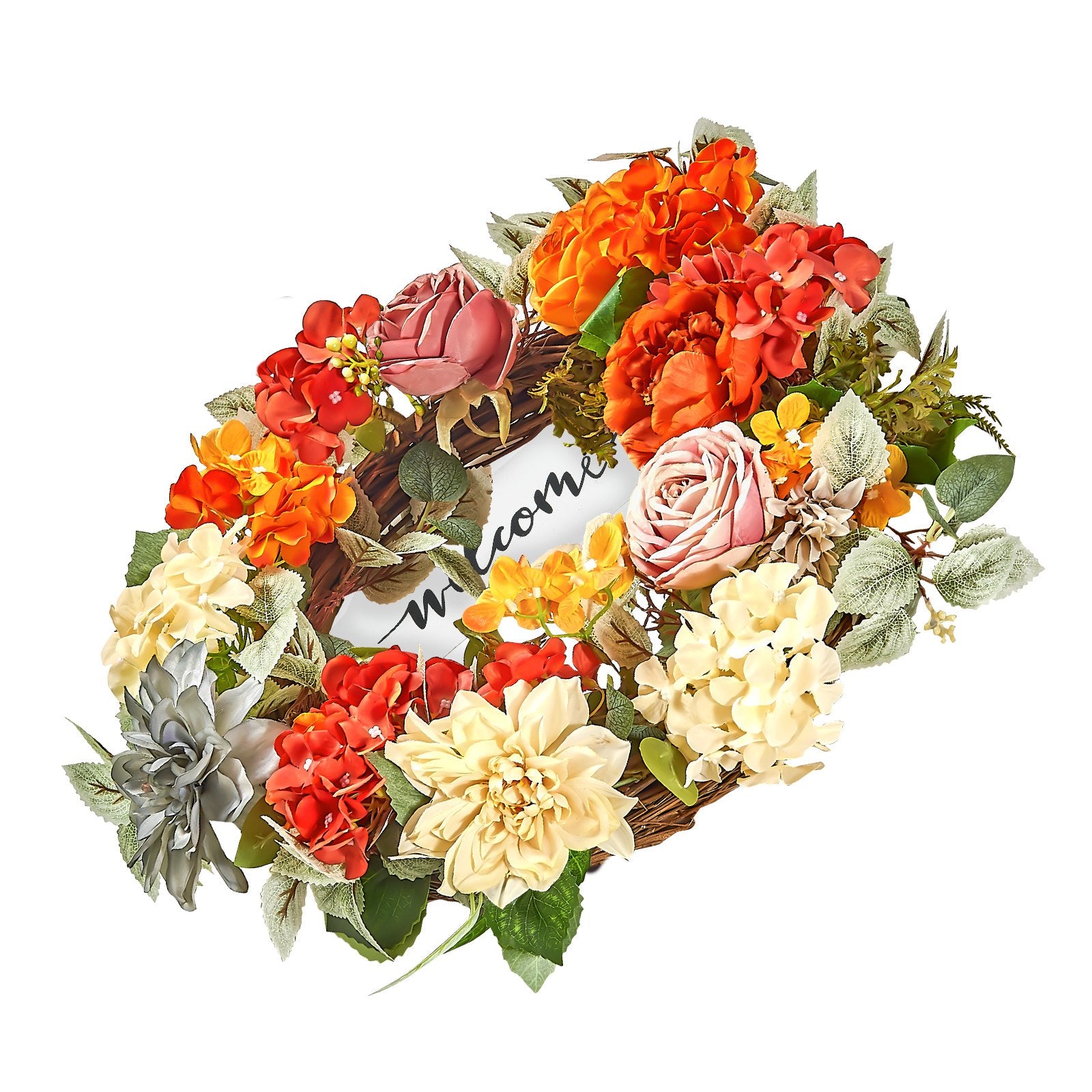 Garden Ornaments: VEVOR Artificial Decorative Wreath 60.96 cm Red Orange Yellow Hydrangeas Roses