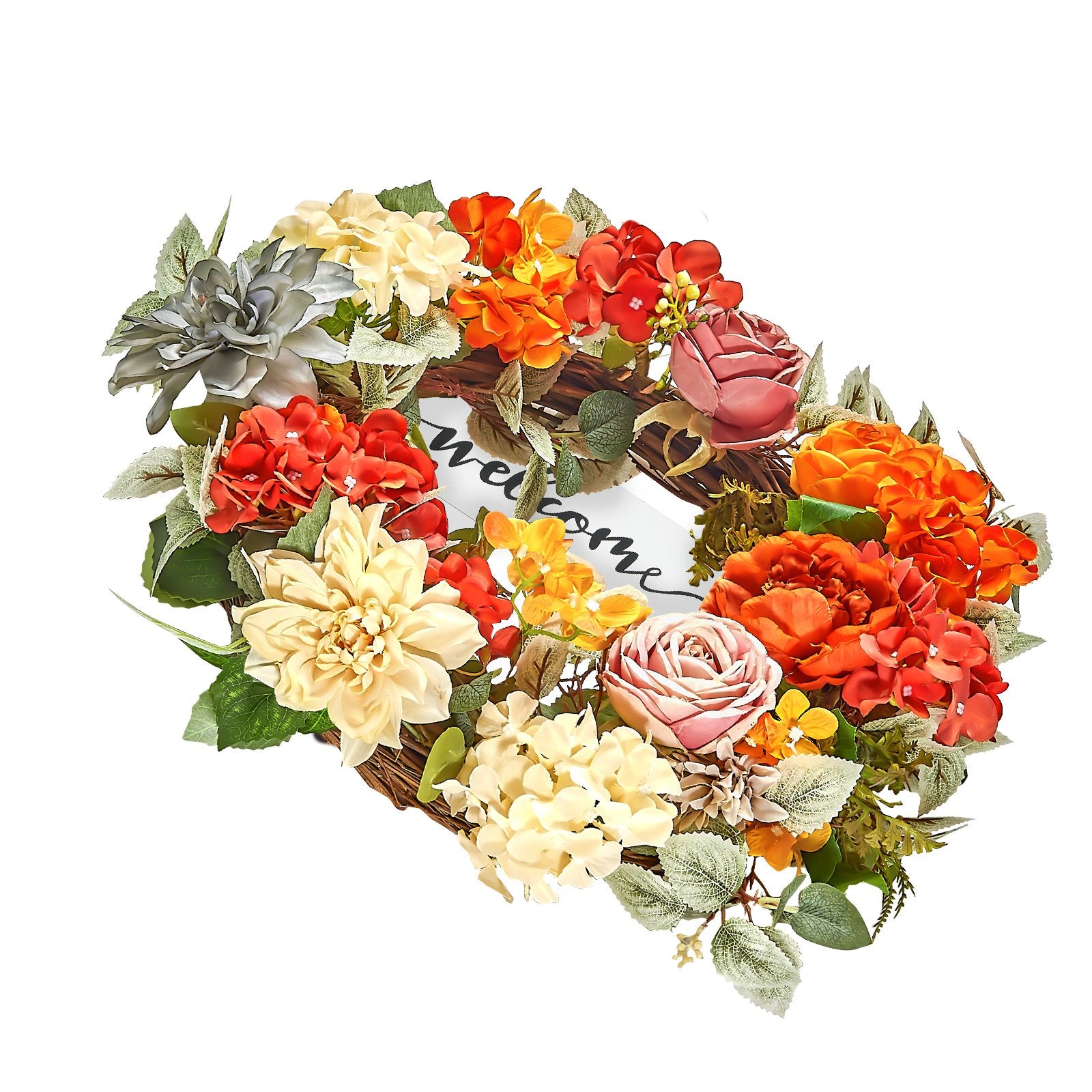 Garden Ornaments: VEVOR Artificial Decorative Wreath 60.96 cm Red Orange Yellow Hydrangeas Roses