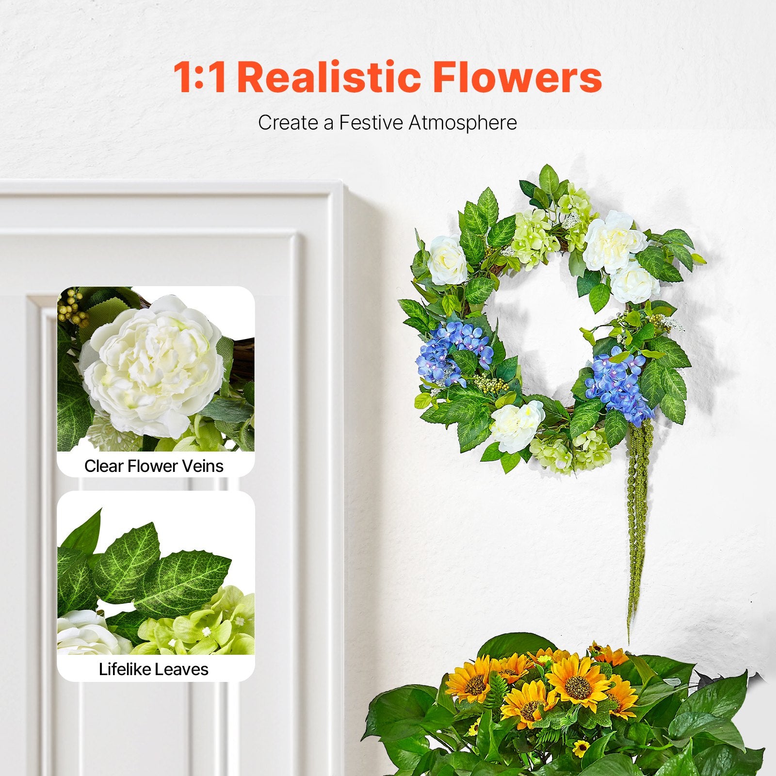 Garden Ornaments: VEVOR Artificial Decorative Wreath 58.42 cm Blue White Green Hydrangeas Roses