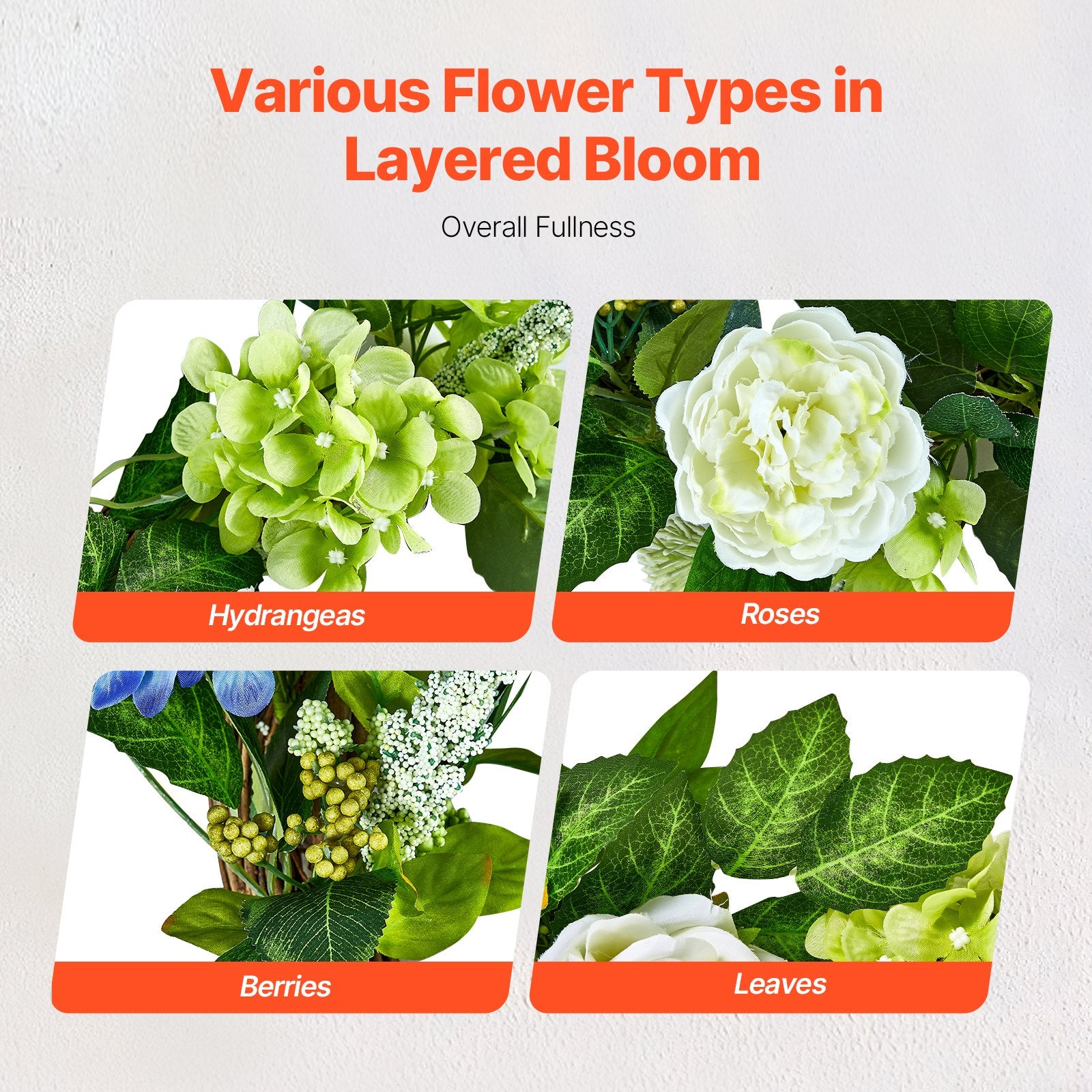 Garden Ornaments: VEVOR Artificial Decorative Wreath 58.42 cm Blue White Green Hydrangeas Roses