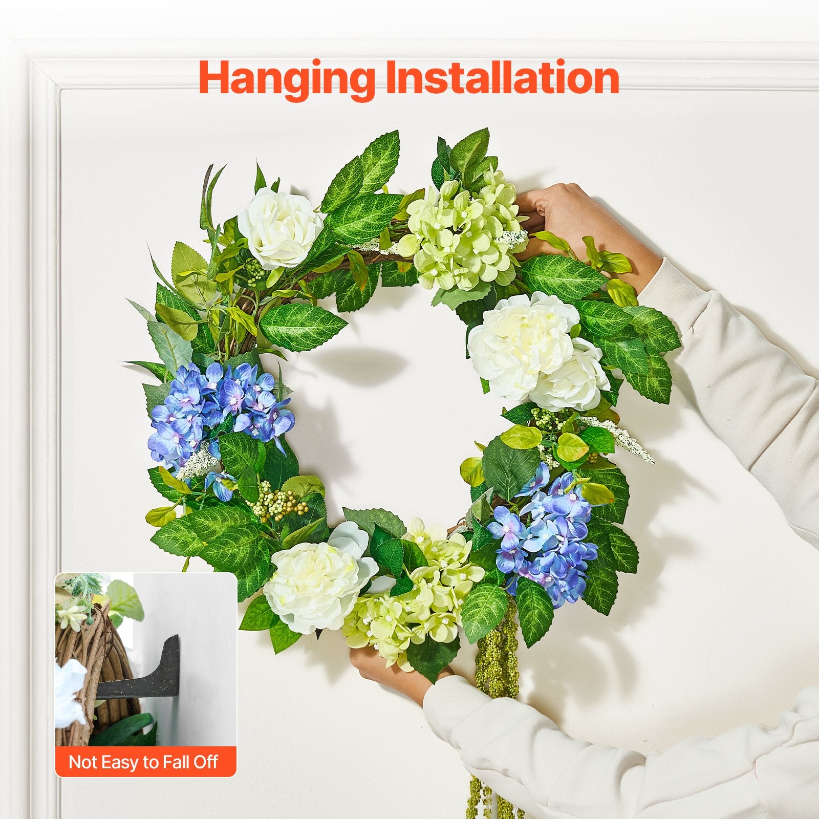 Garden Ornaments: VEVOR Artificial Decorative Wreath 58.42 cm Blue White Green Hydrangeas Roses