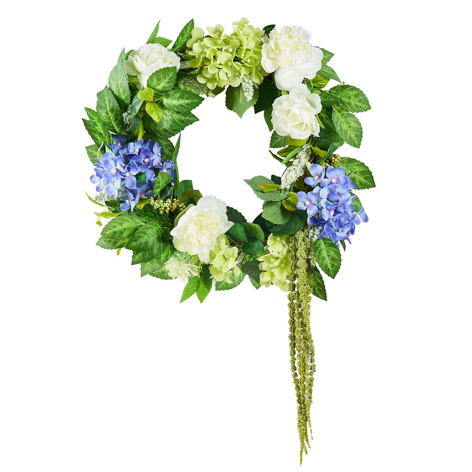 Garden Ornaments: VEVOR Artificial Decorative Wreath 58.42 cm Blue White Green Hydrangeas Roses