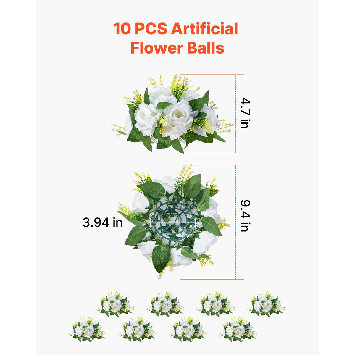 Flower Balls Arrangement Bouquet 10 PCS, 240 mm Diameter Artificial Flower Balls Wedding Rose Centerpieces, Faux Flowers Arrangements for Wedding Centerpiece Home Table Decorations, White