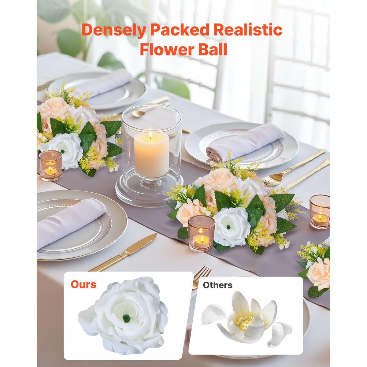 Flower Ball Arrangement Bouquet 10 PCS, 240 mm Diameter Artificial Flower Balls Wedding Table Centerpieces, Rose Arrangements for Wedding Centerpiece Home Decoration, Champagne & White Roses