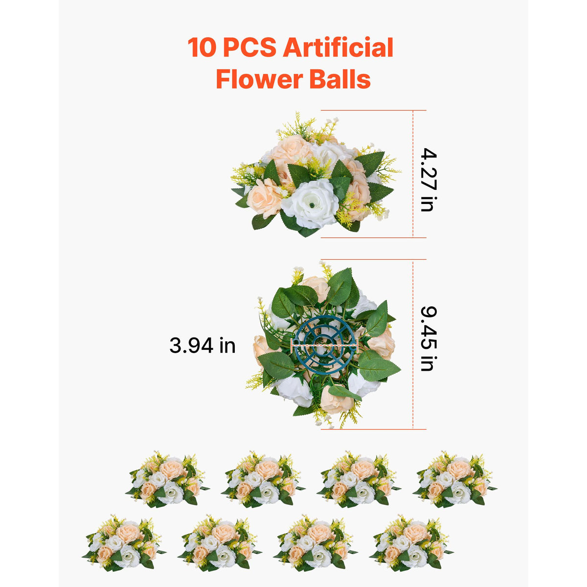 Flower Ball Arrangement Bouquet 10 PCS, 240 mm Diameter Artificial Flower Balls Wedding Table Centerpieces, Rose Arrangements for Wedding Centerpiece Home Decoration, Champagne & White Roses