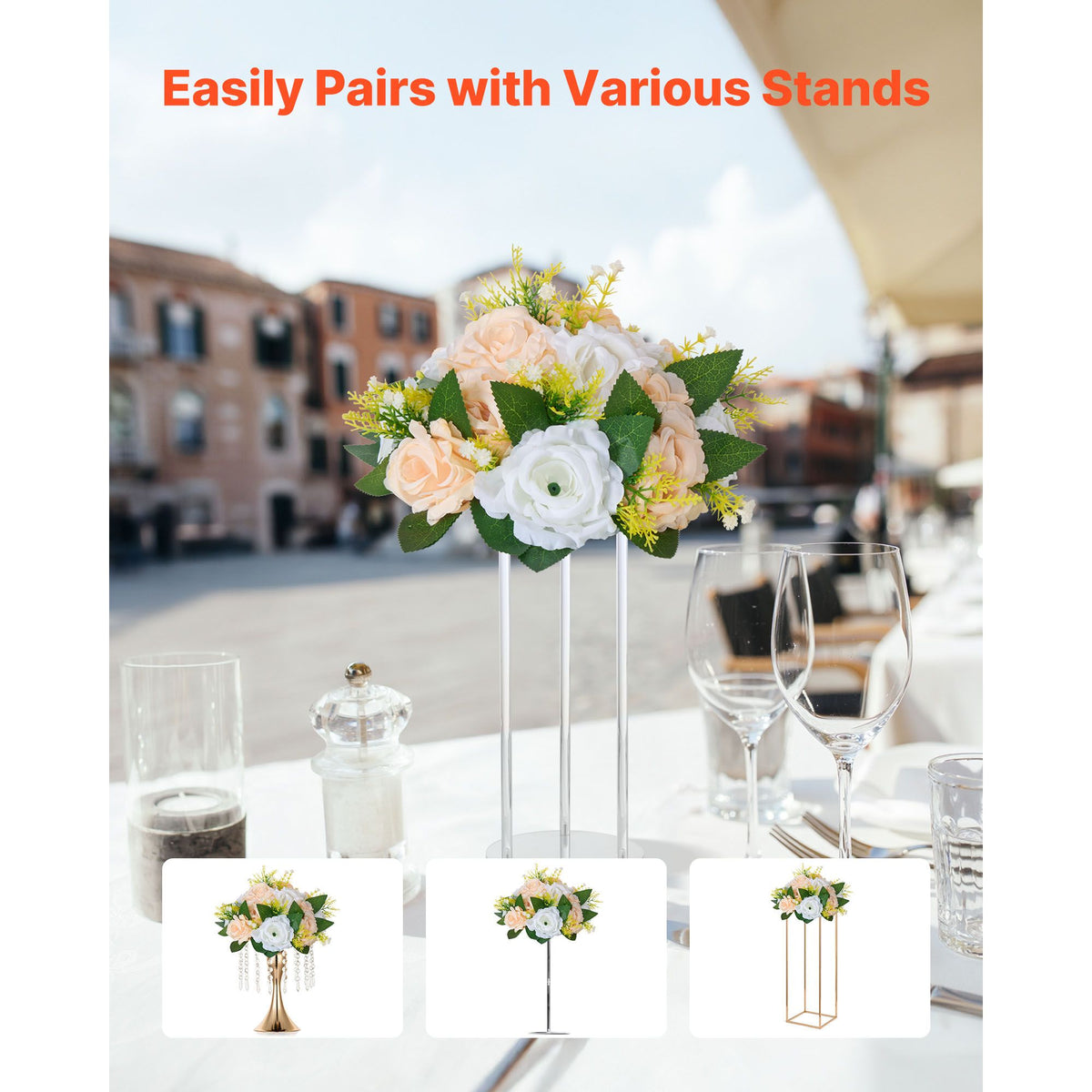 Flower Ball Arrangement Bouquet 10 PCS, 240 mm Diameter Artificial Flower Balls Wedding Table Centerpieces, Rose Arrangements for Wedding Centerpiece Home Decoration, Champagne & White Roses
